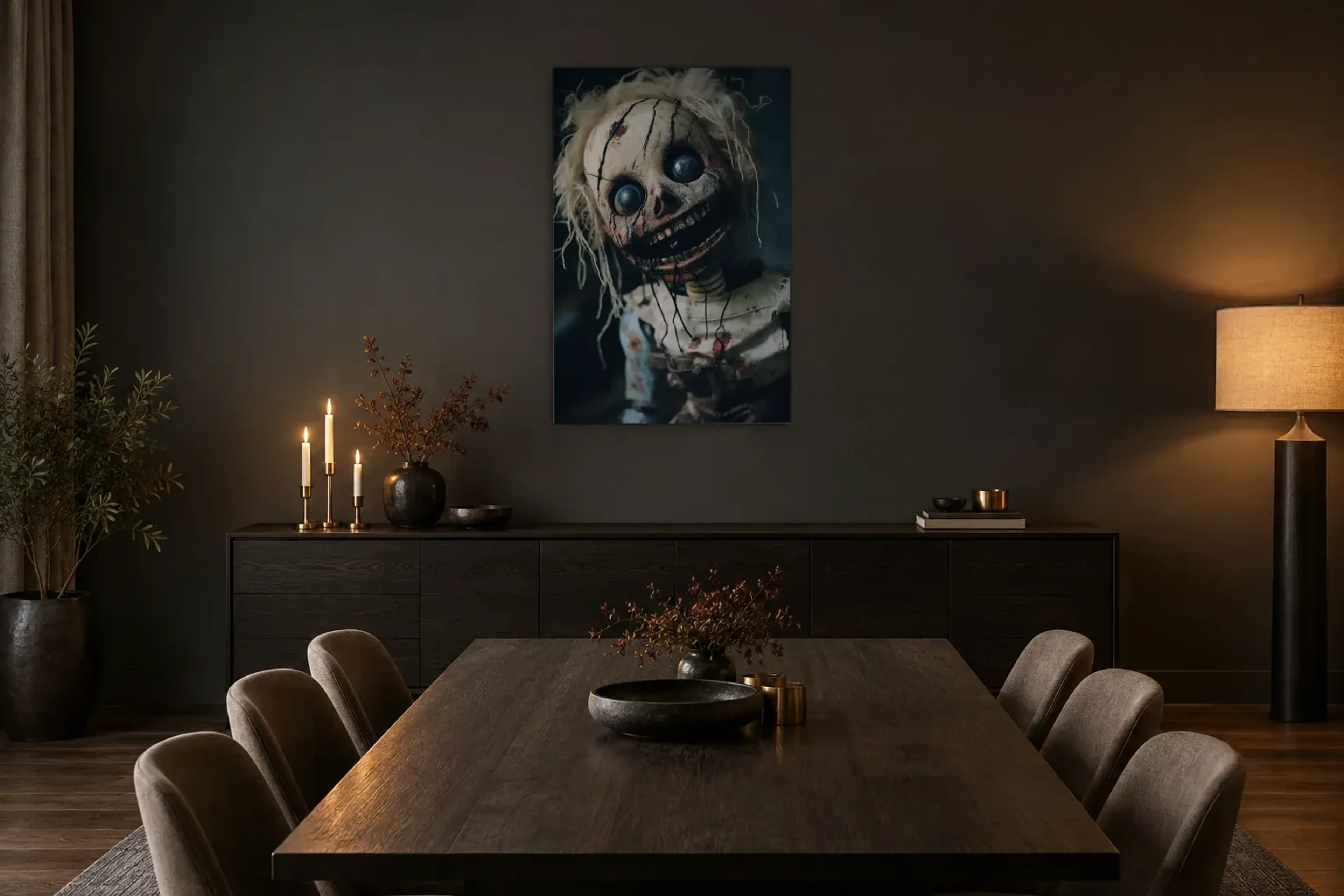 Puppe mit starrem Grinsen als Wandbild über einem 180-cm-Sideboard