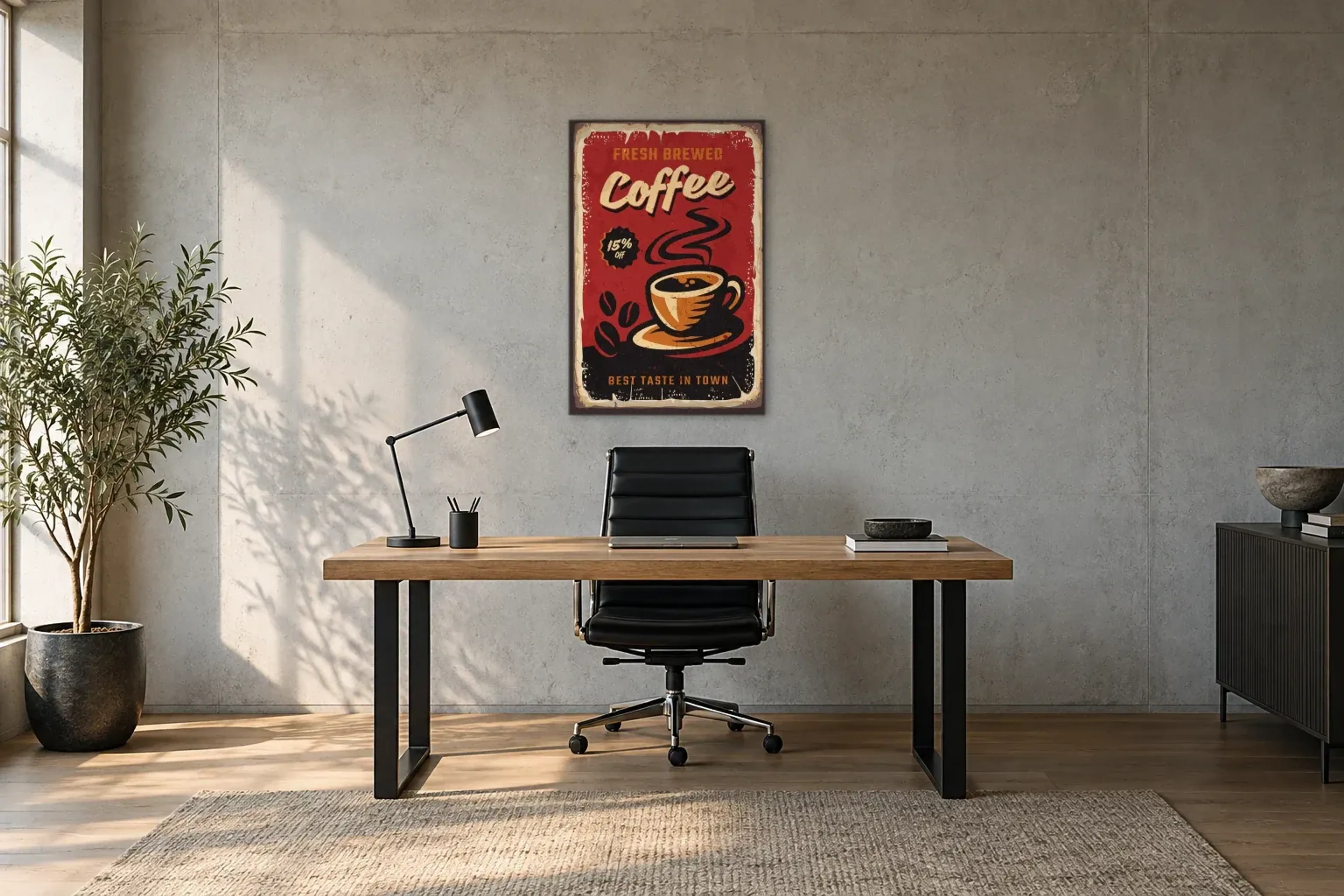 Frisch gebrühter Kaffee als Wandbild über einem 160-cm-Schreibtisch
