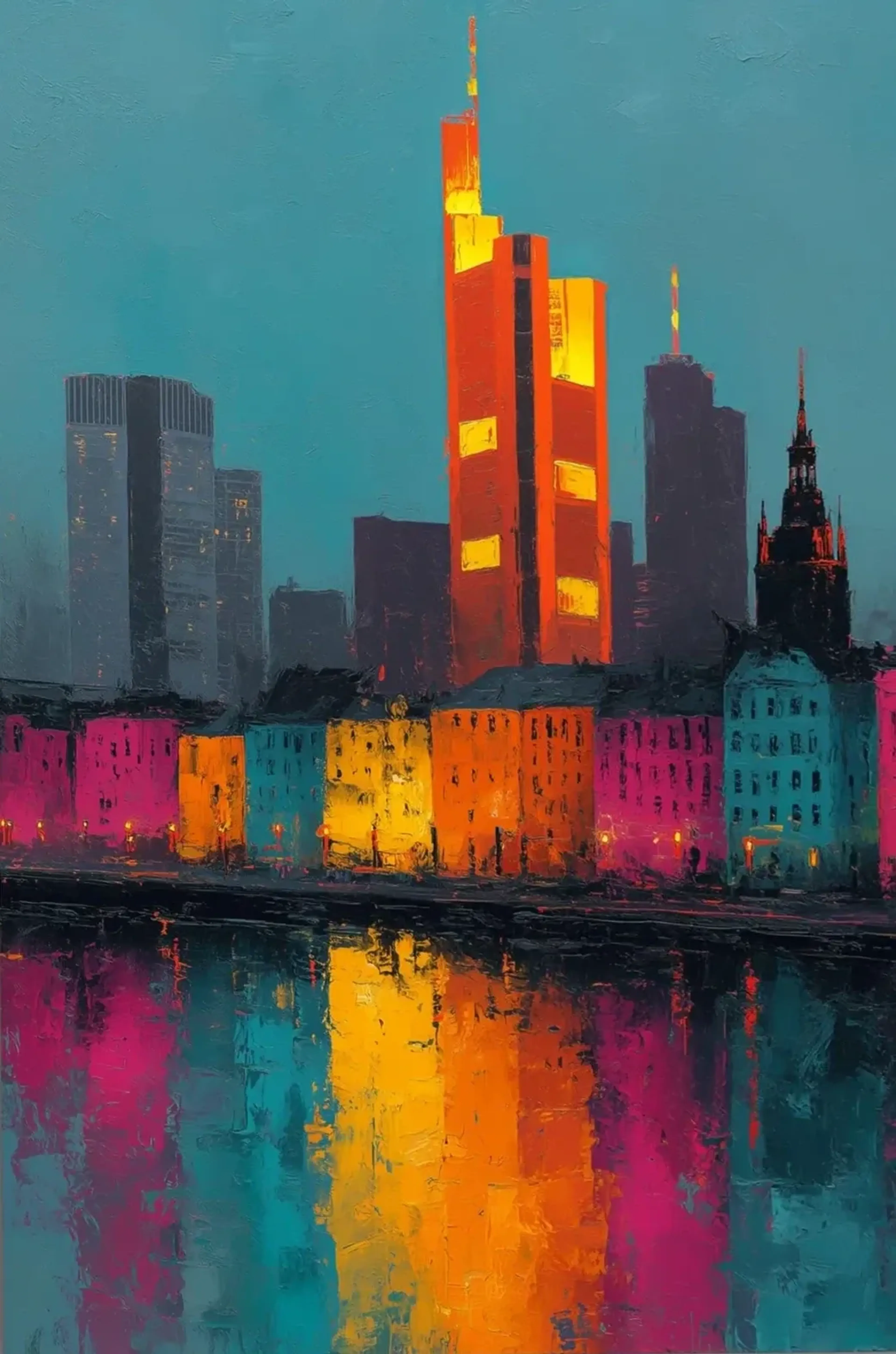 Frankfurter Skyline mit orange-rotem Hochhaus, bunten Uferhäusern und kräftigen Farbspiegelungen im Wasser.