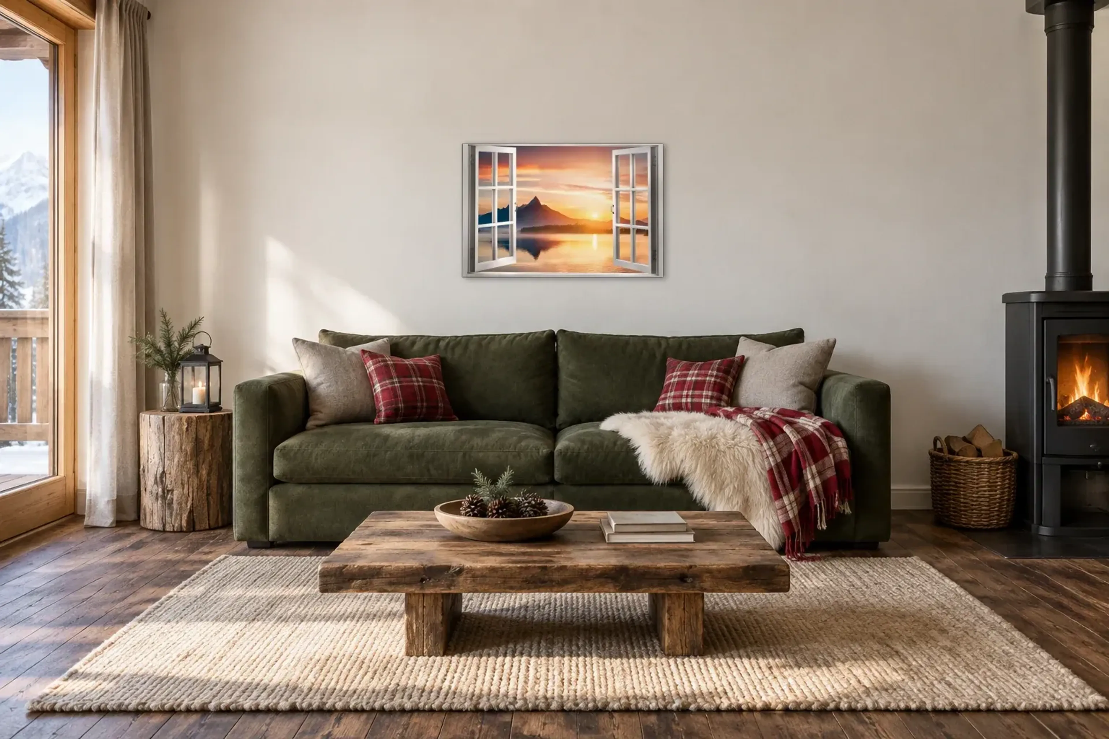 Sonnenuntergang am Bergsee als Wandbild über einem 220-cm-Sofa