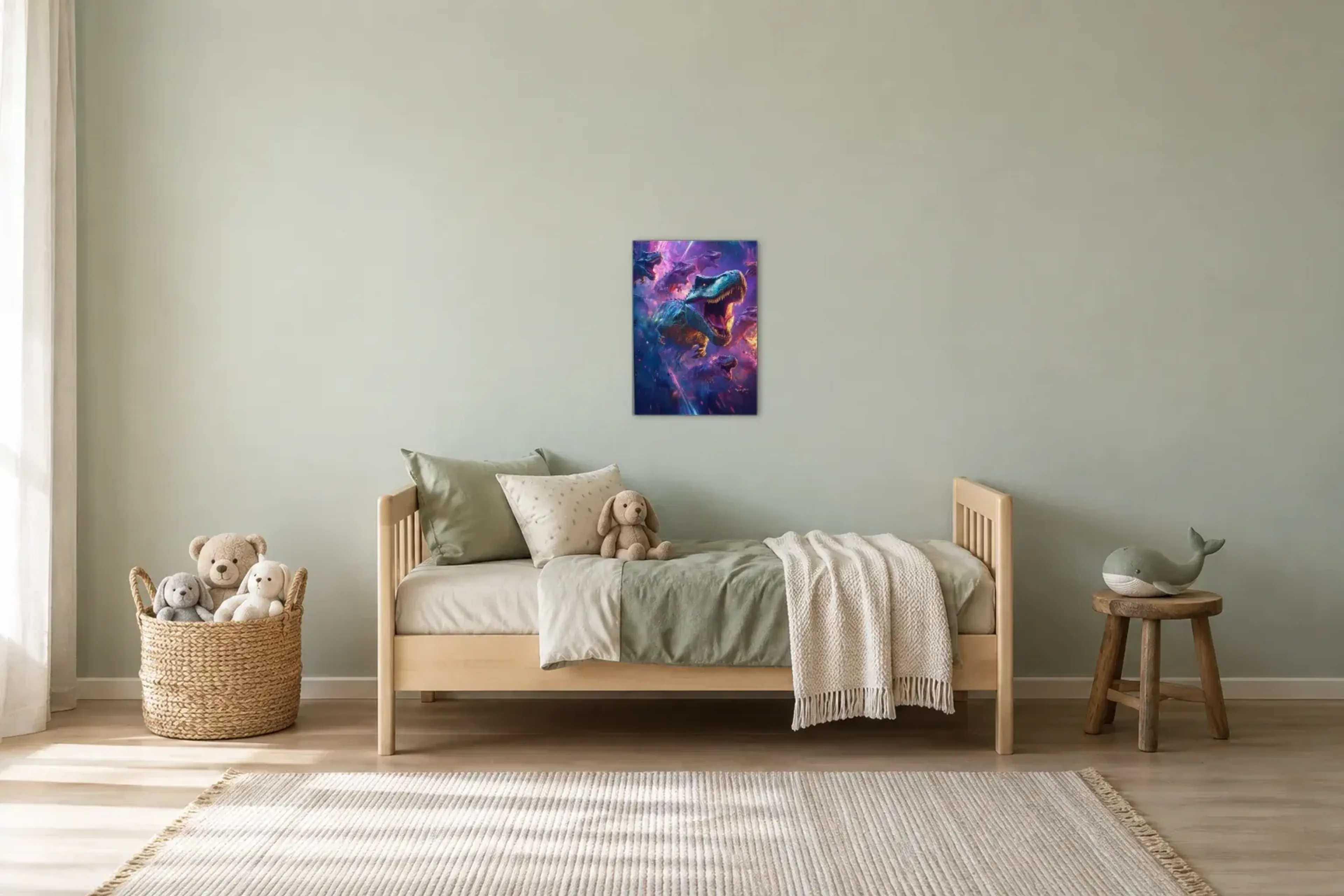 Dinos im Farbenwirbel als Wandbild über einem 200-cm-Kinderbett
