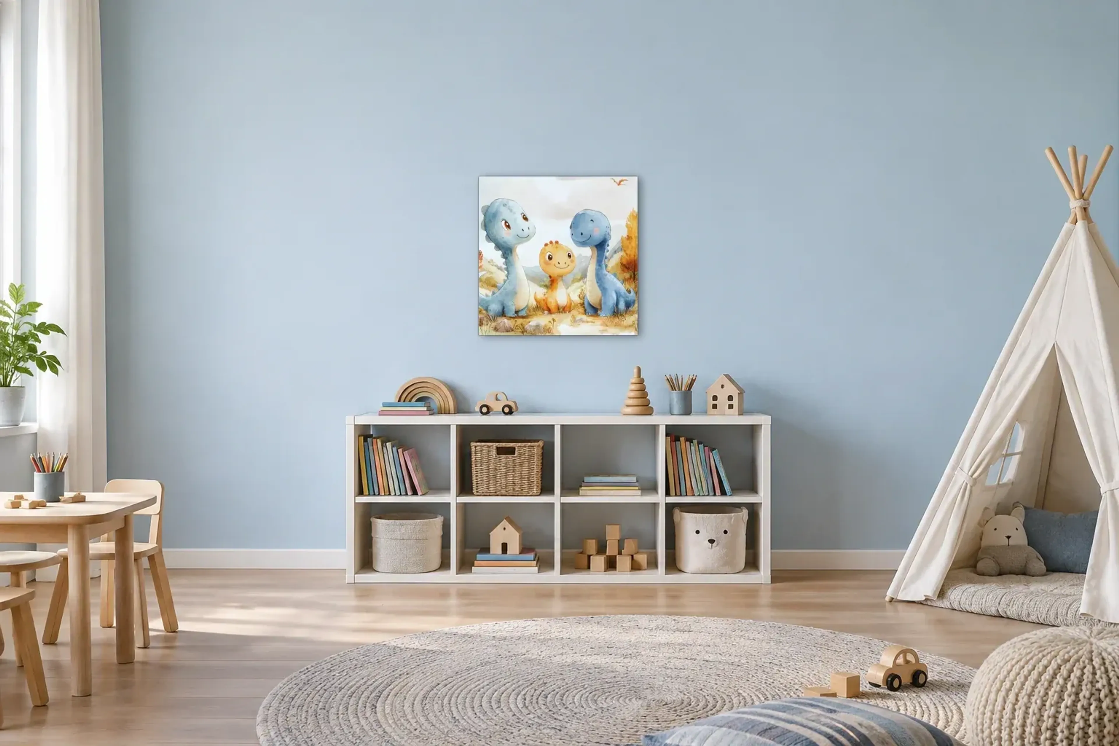 Dinotr io im Herbst als Wandbild über einem 120-cm-Spielregal