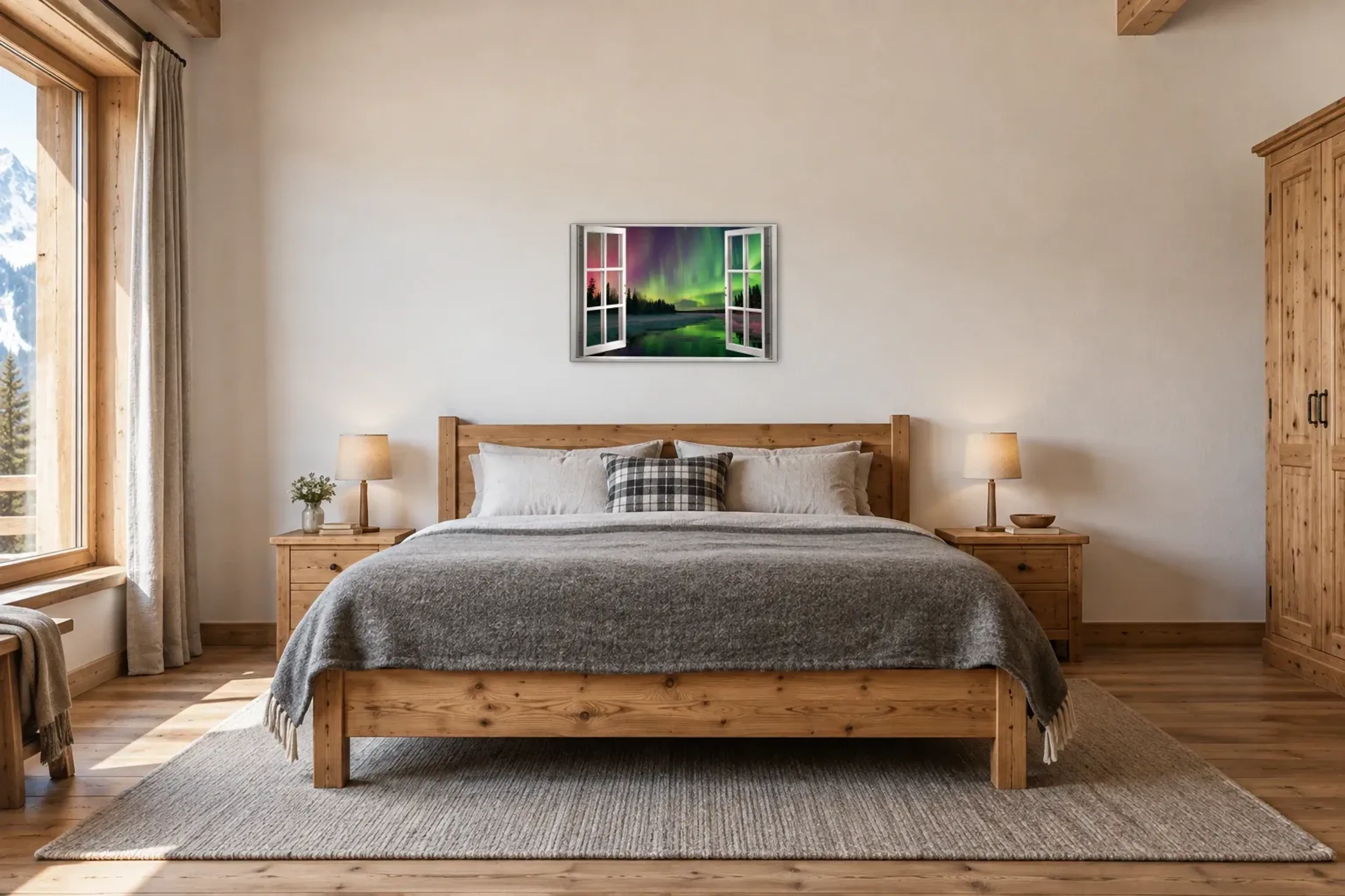 Polarlichter über dem Wasser als Wandbild über einem 180-cm-Bett