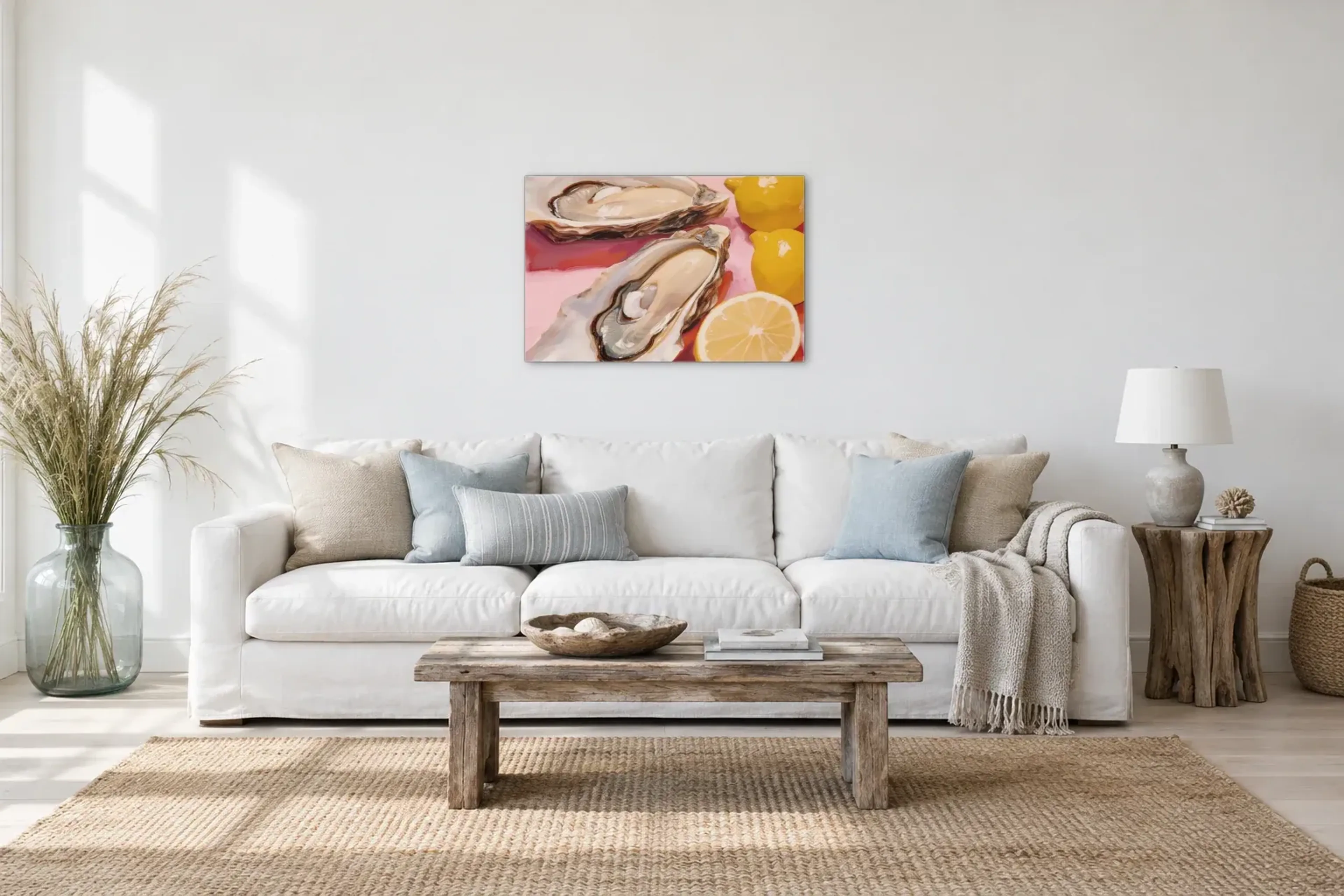 Oyster Party als Wandbild über einem 220-cm-Sofa