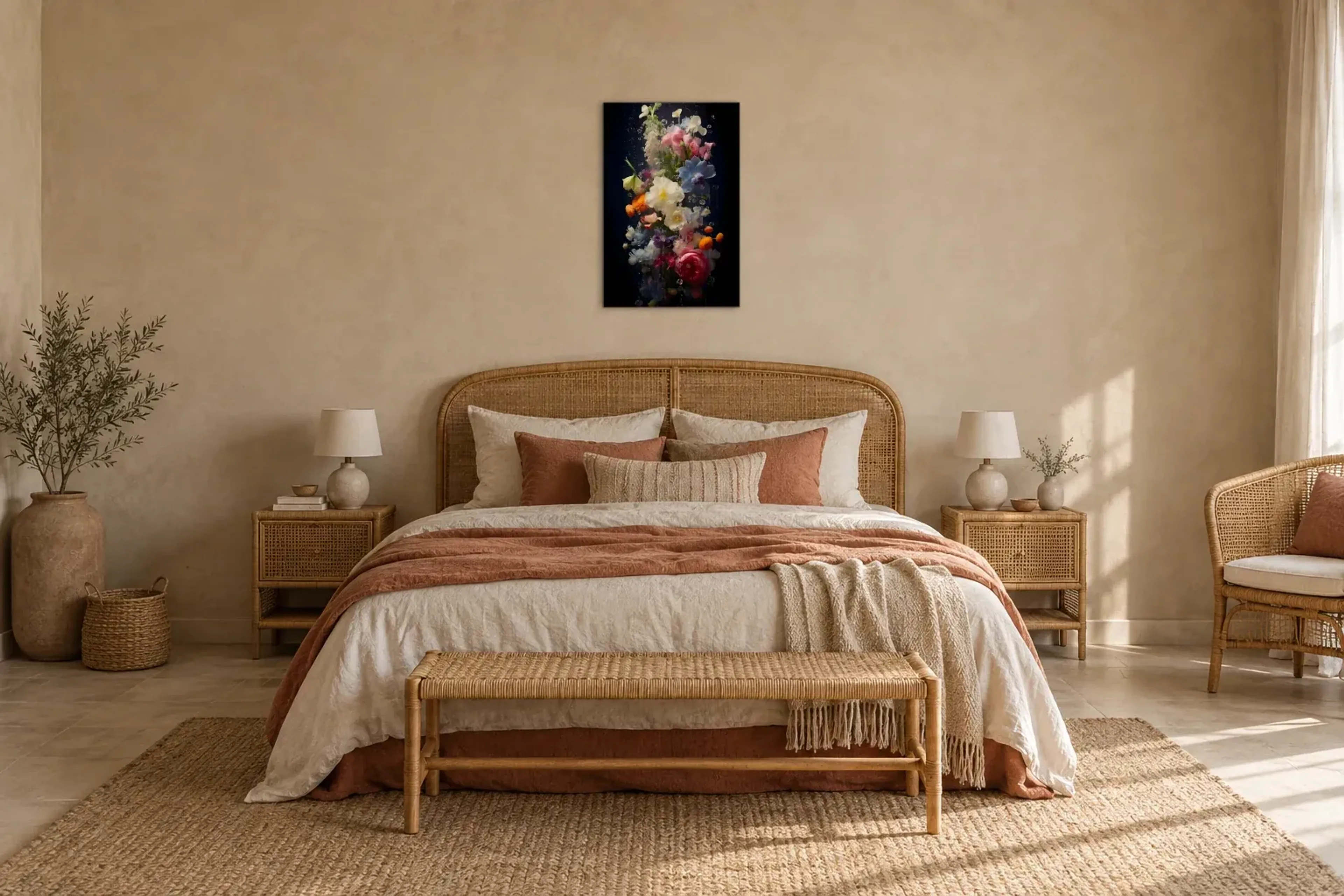 Blüten unter Wasser als Wandbild über einem 180-cm-Bett