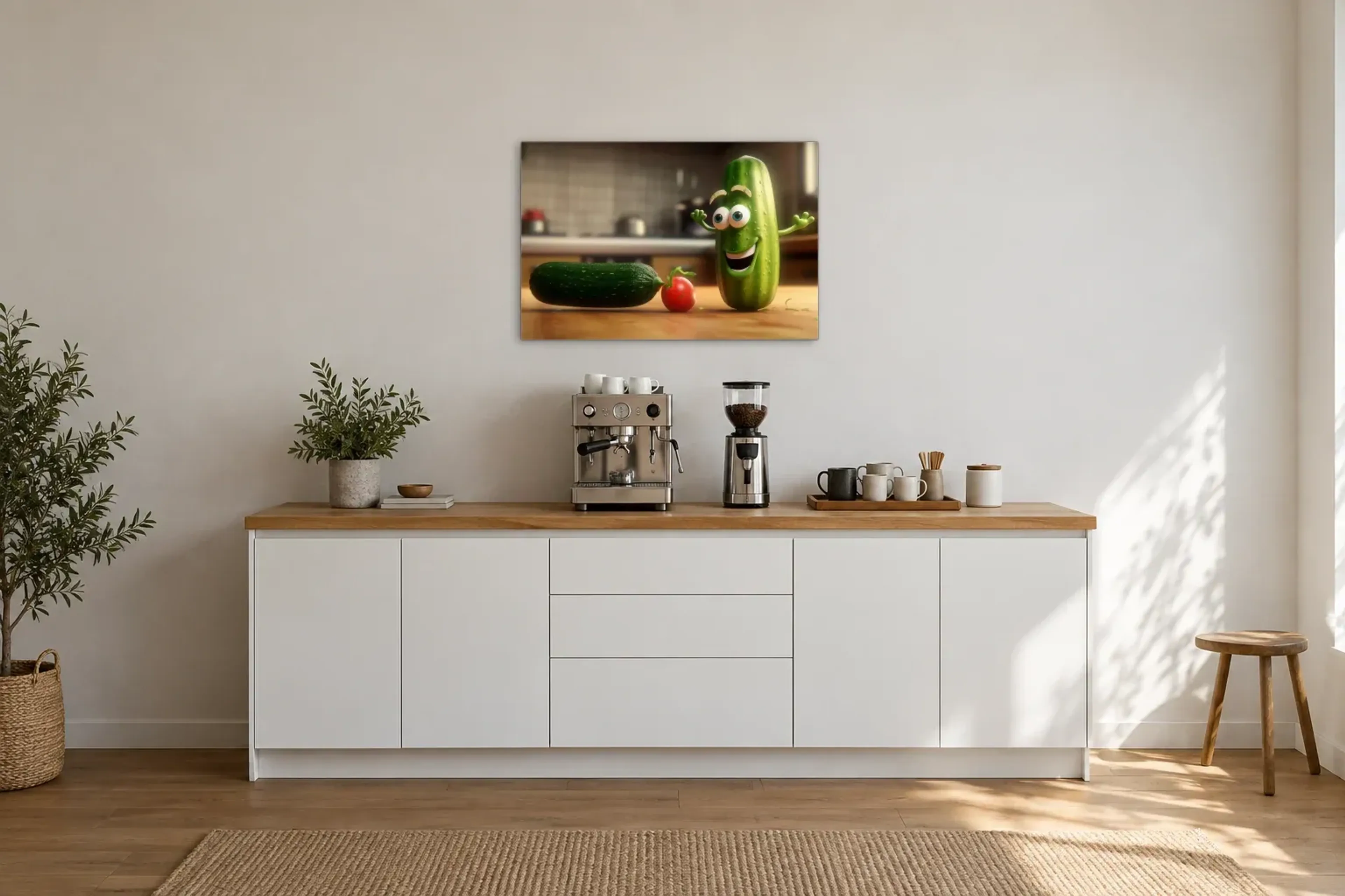 Gurken als Wandbild über einer 200-cm-Arbeitsplatte