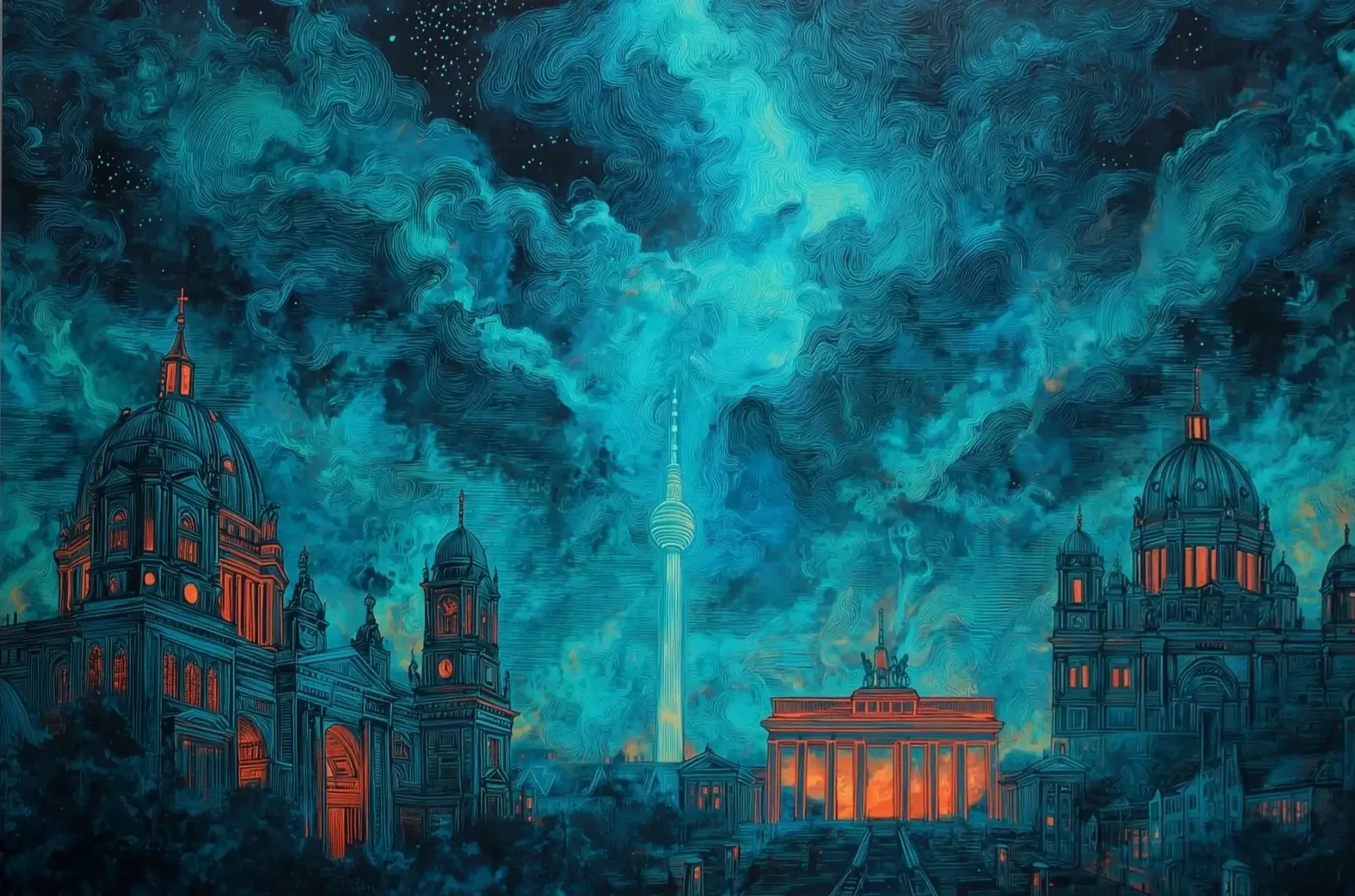 Fantasievolle Berliner Wahrzeichen unter wirbelnden türkisen Wolken mit orange leuchtenden Fenstern und Torbögen.