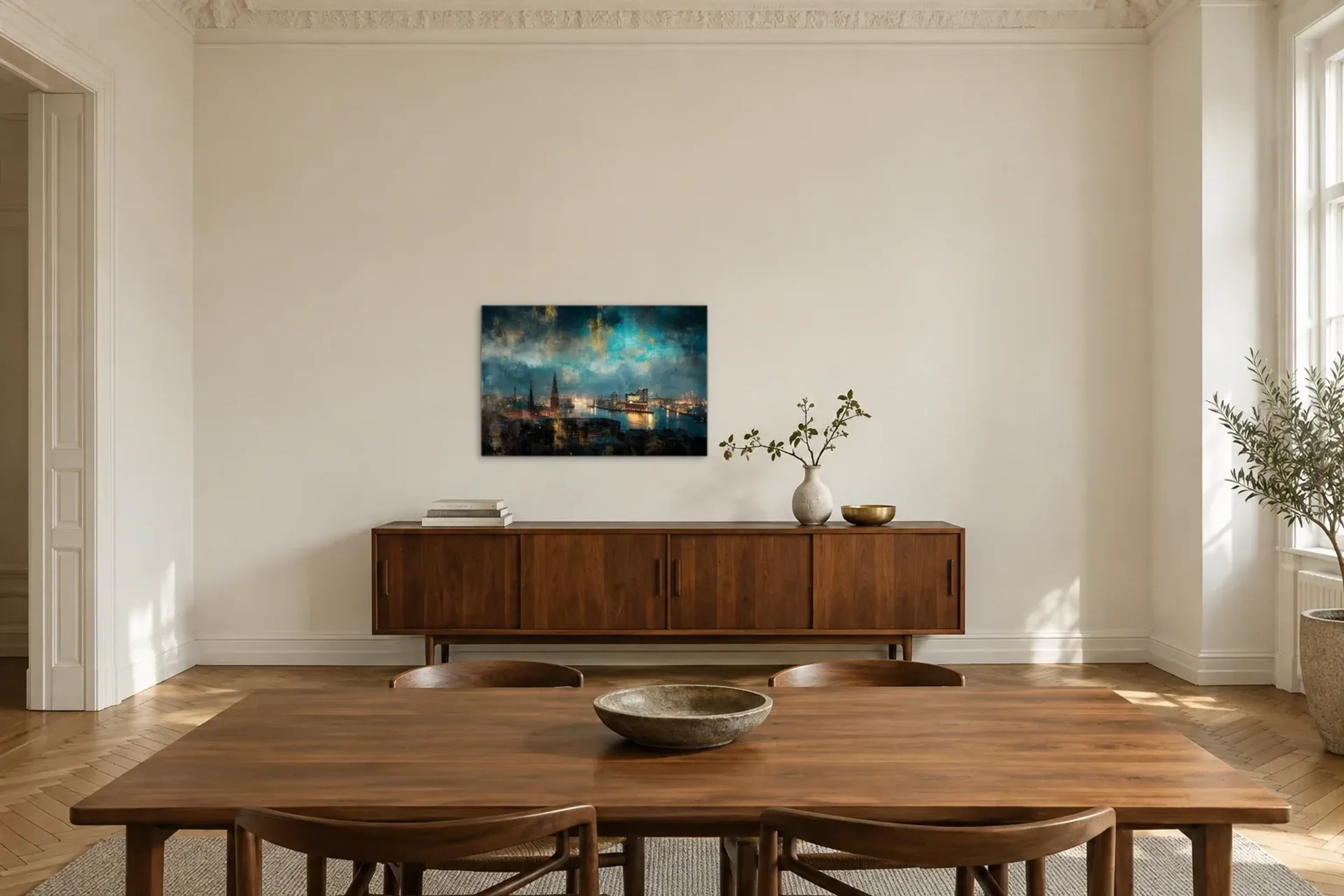 Hamburg unter weitem Himmel als Wandbild über einem 200-cm-Sideboard