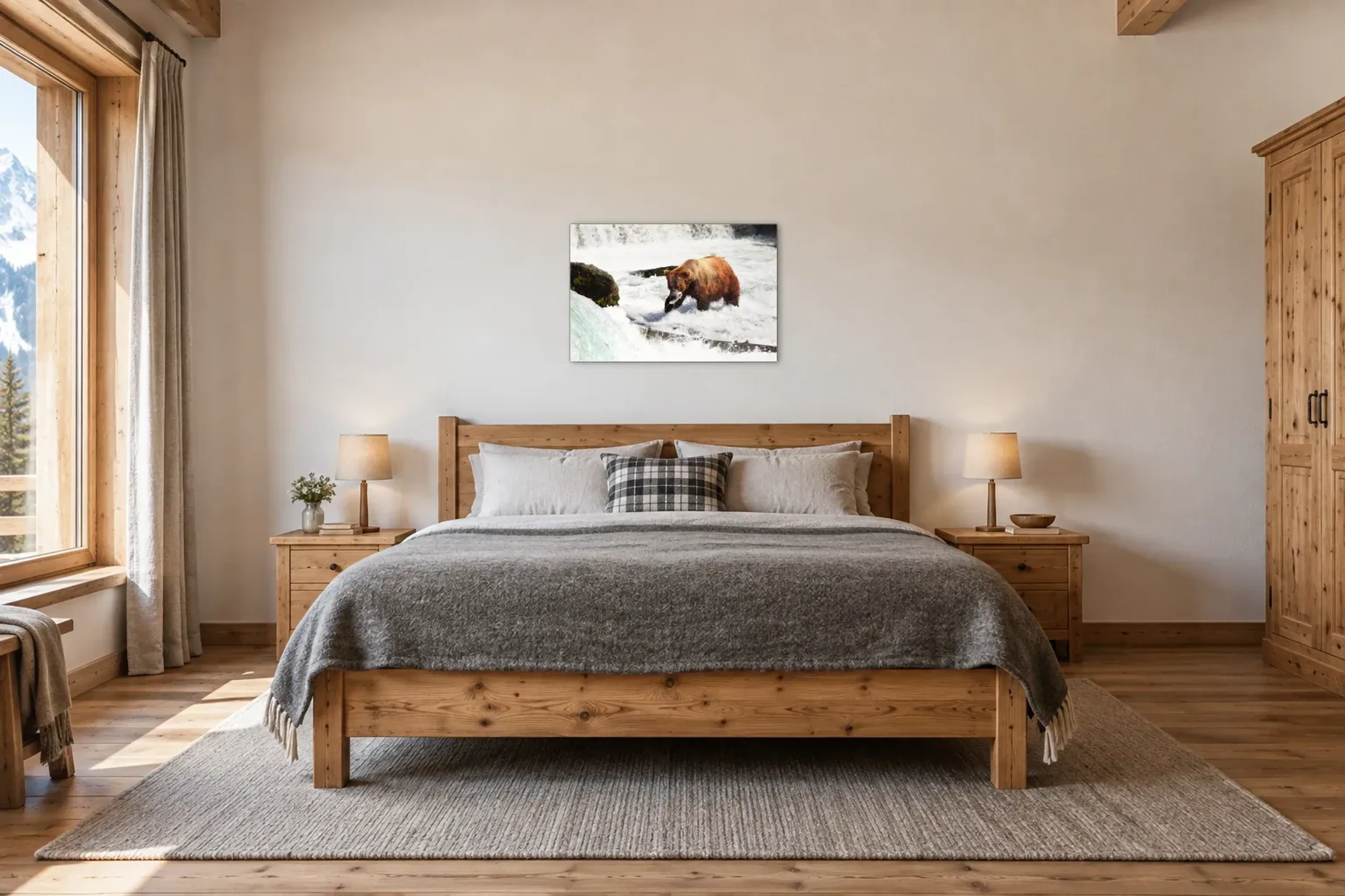 Braunbär beim Fischfang als Wandbild über einem 180-cm-Bett