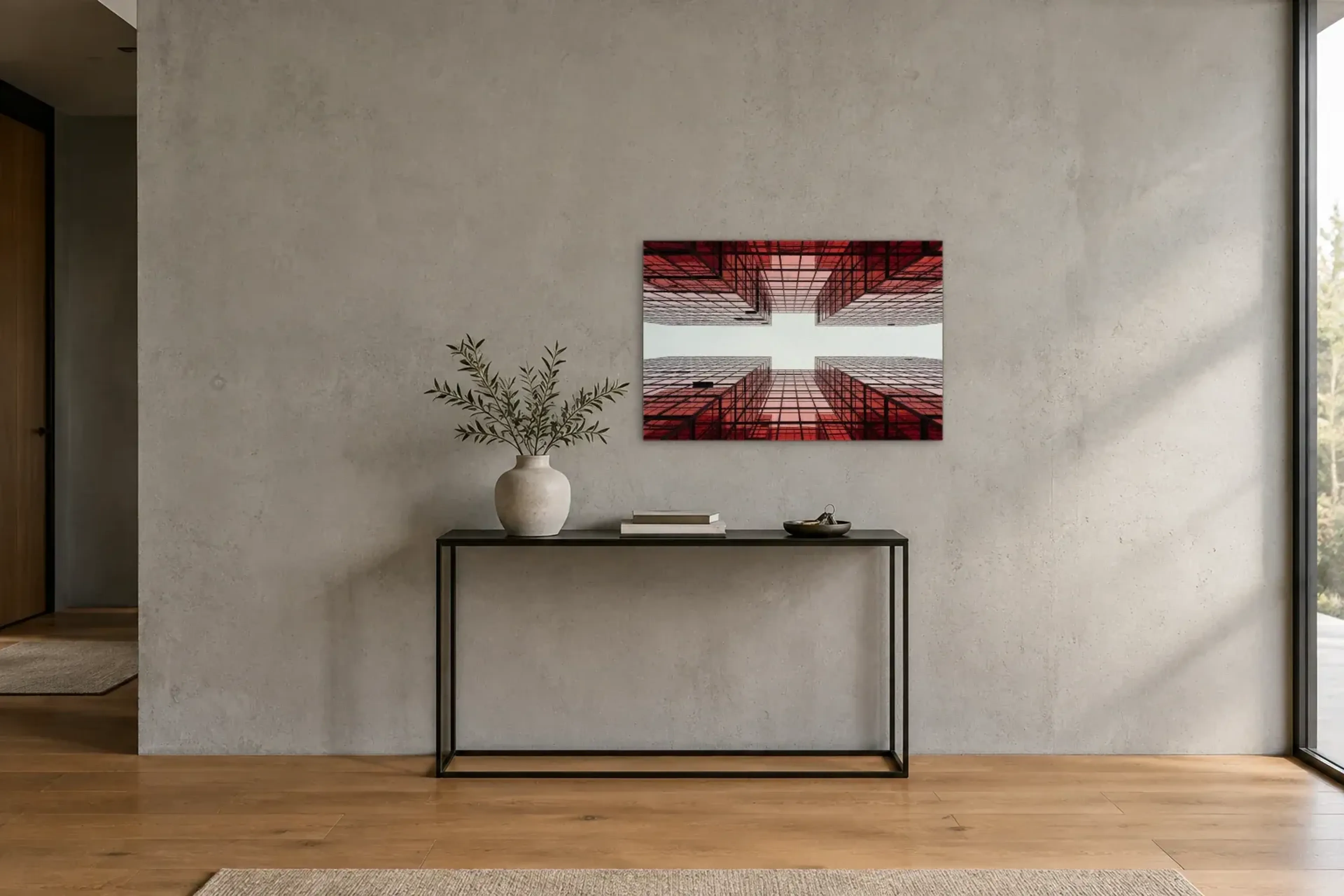Rote Glasfassaden als Wandbild über einer 120-cm-Konsole
