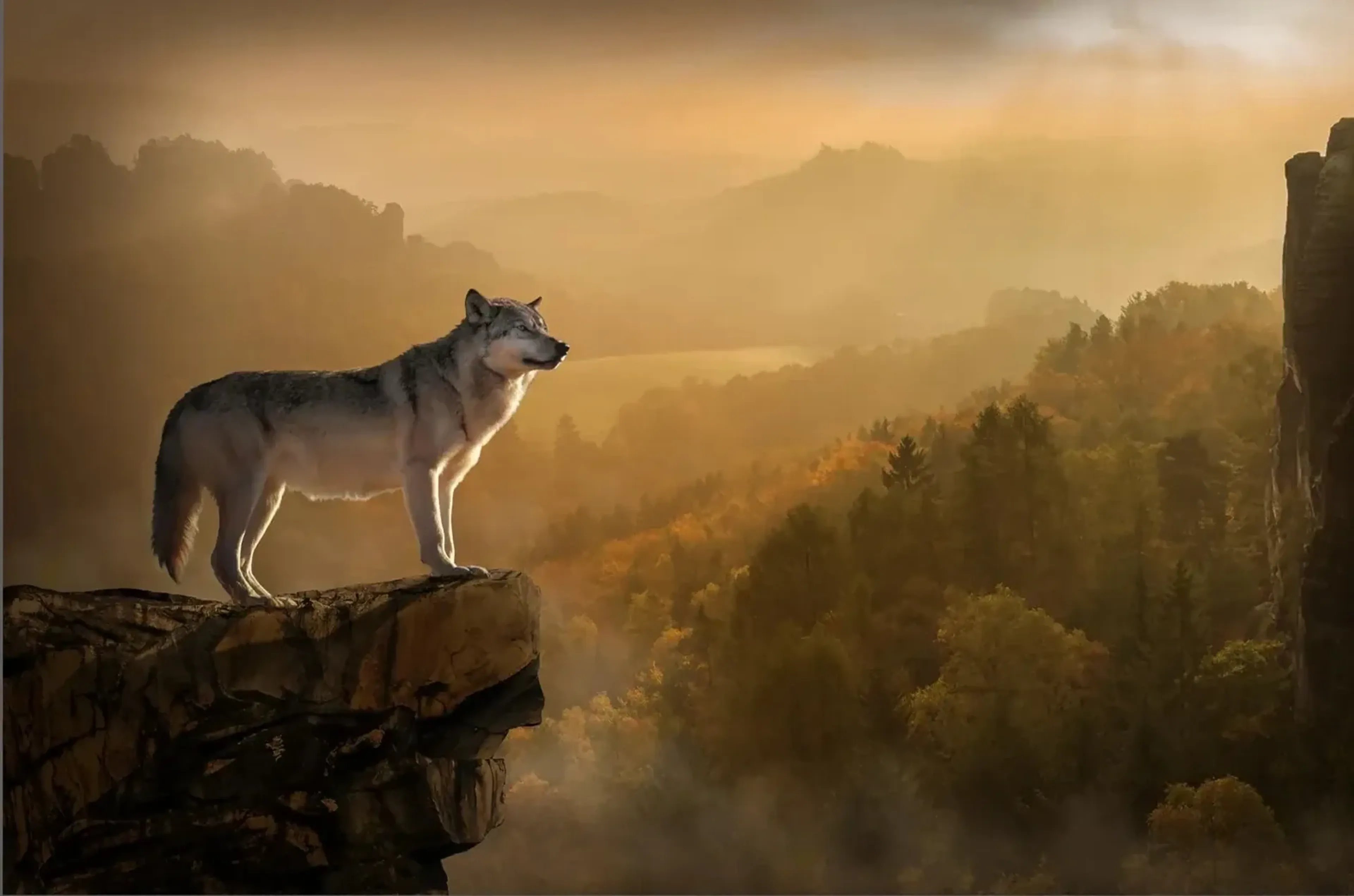 Ein Wolf steht auf einem Felsvorsprung über einem bewaldeten Tal im goldenen Dunst.