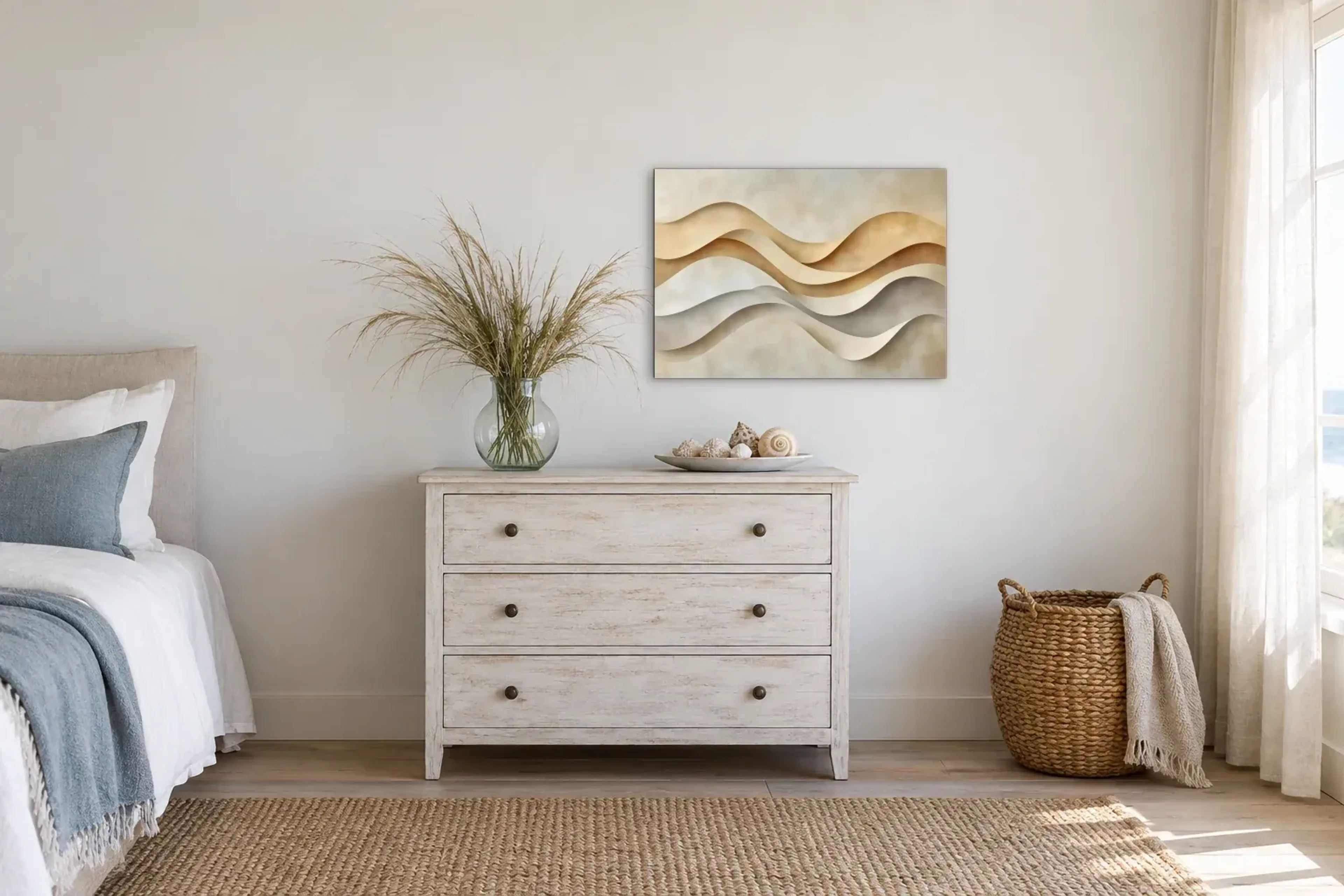 Beige Wellen als Wandbild über einer 90-cm-Kommode
