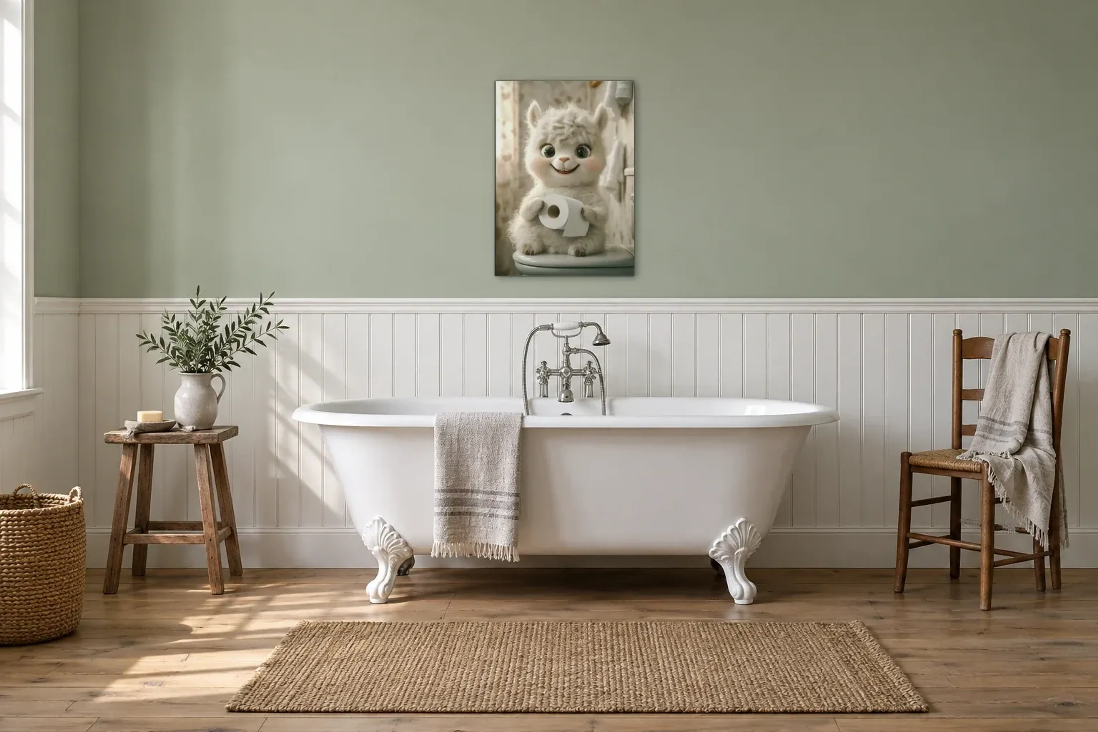 Alpaka mit Papierrolle als Wandbild über einer 170-cm-Badewanne