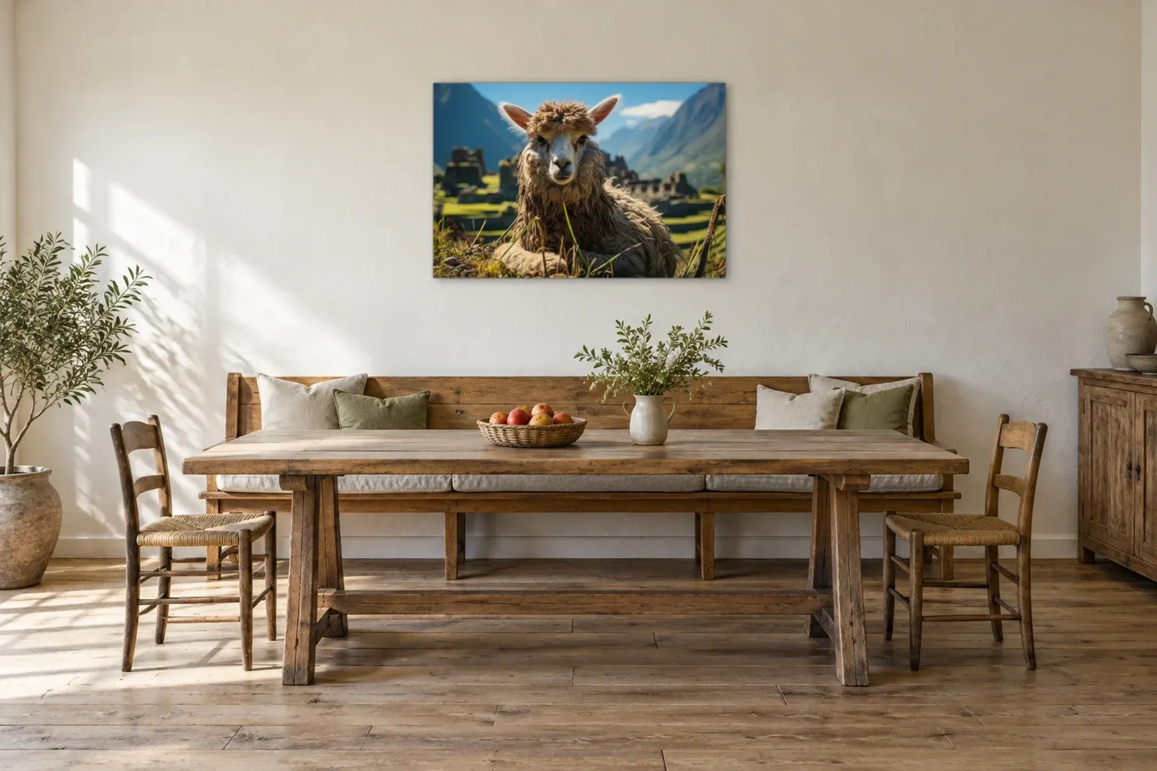 Lama vor alten Mauern als Wandbild über einer 200-cm-Sitzbank