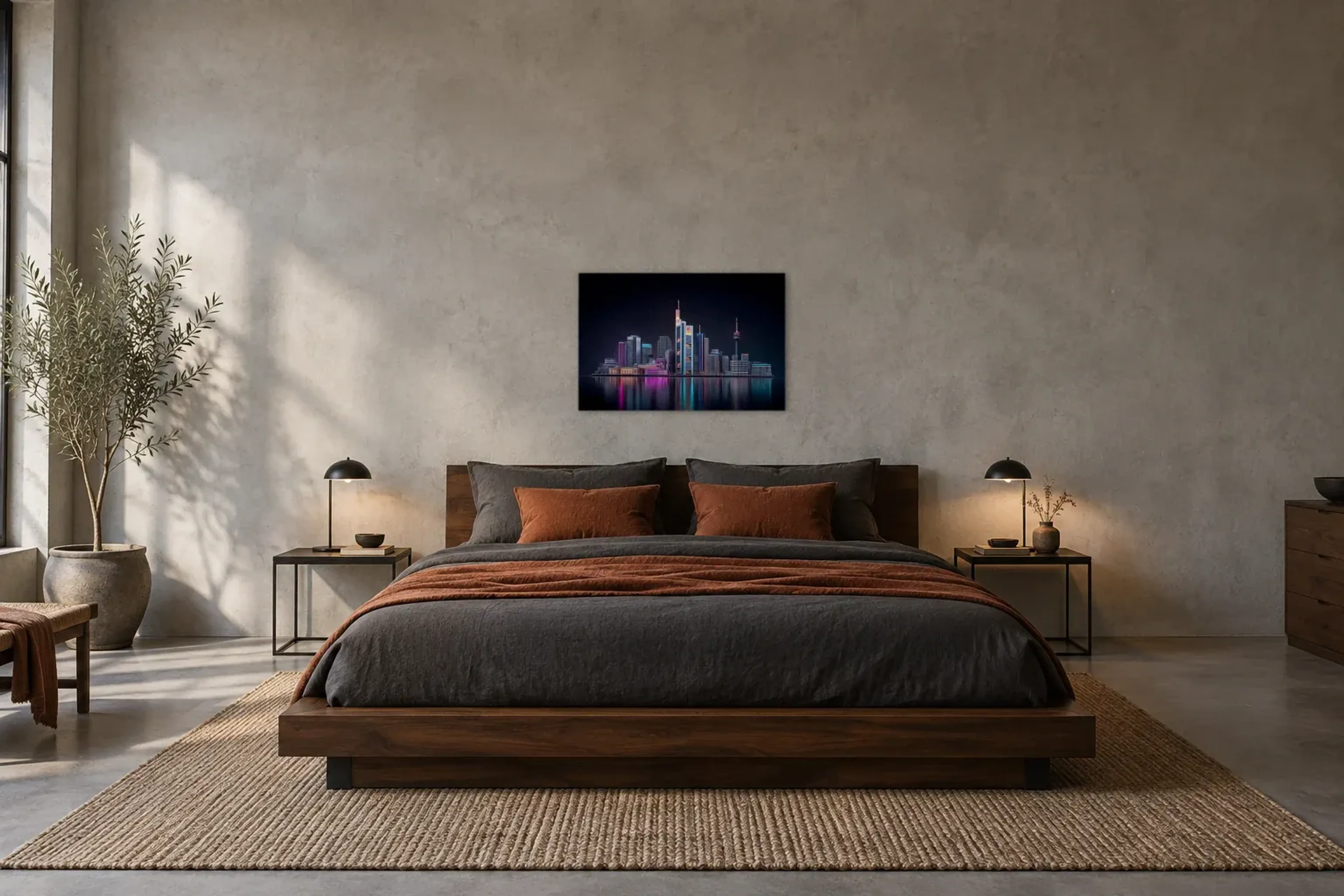 Frankfurt im Nachtlicht als Wandbild über einem 180-cm-Bett