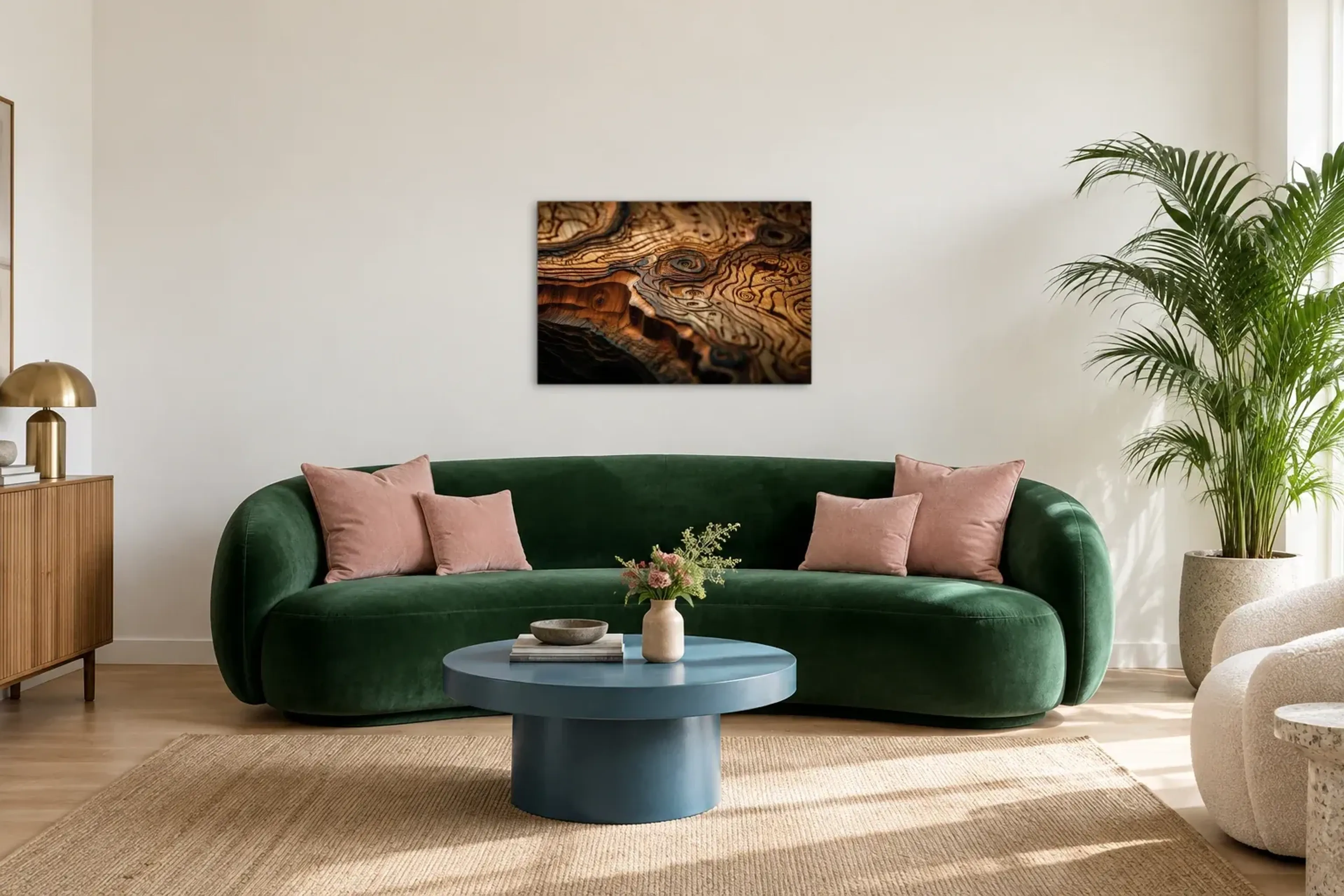 Holz in geschwungenen Linien als Wandbild über einem 220-cm-Sofa
