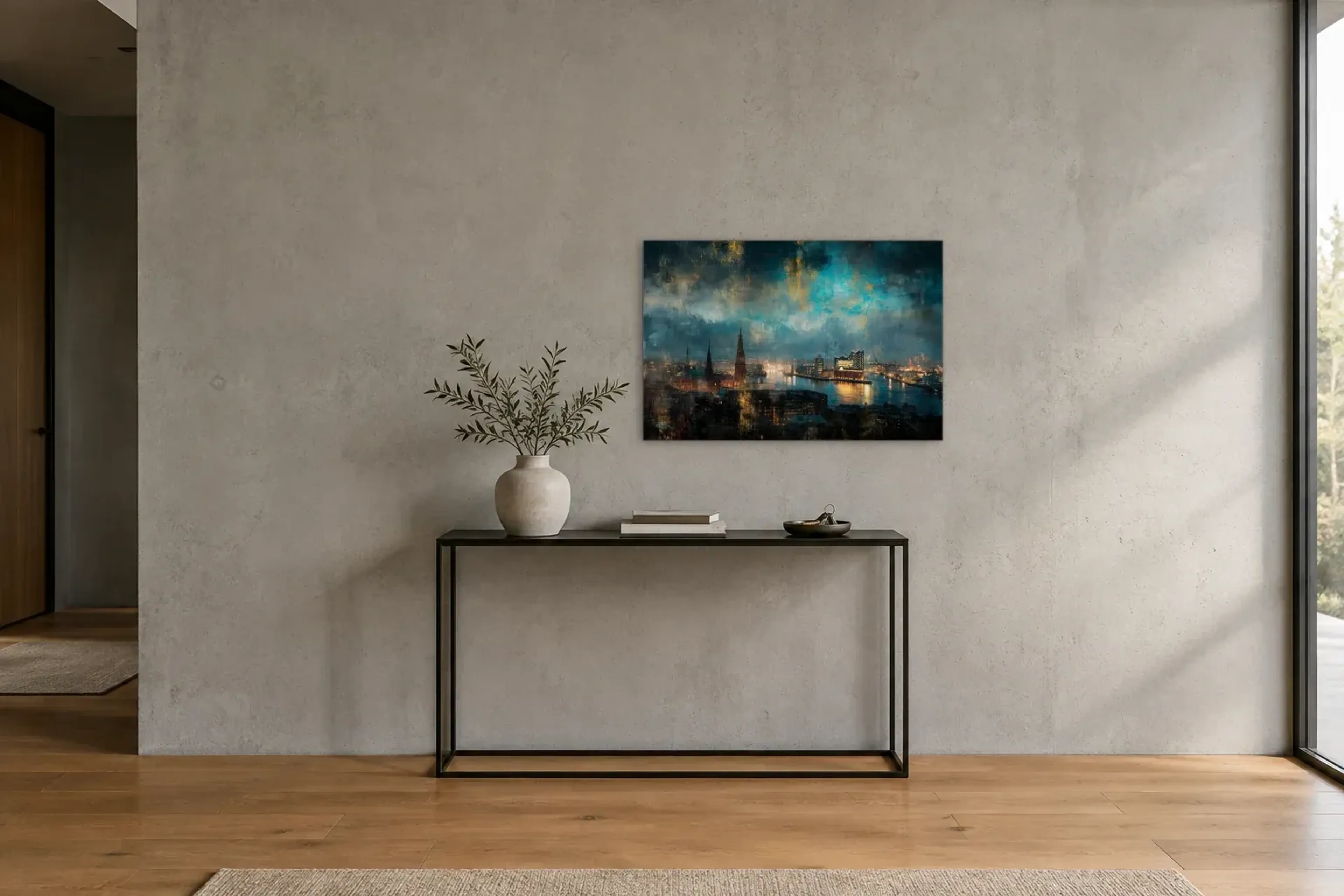 Hamburg unter weitem Himmel als Wandbild über einer 120-cm-Konsole