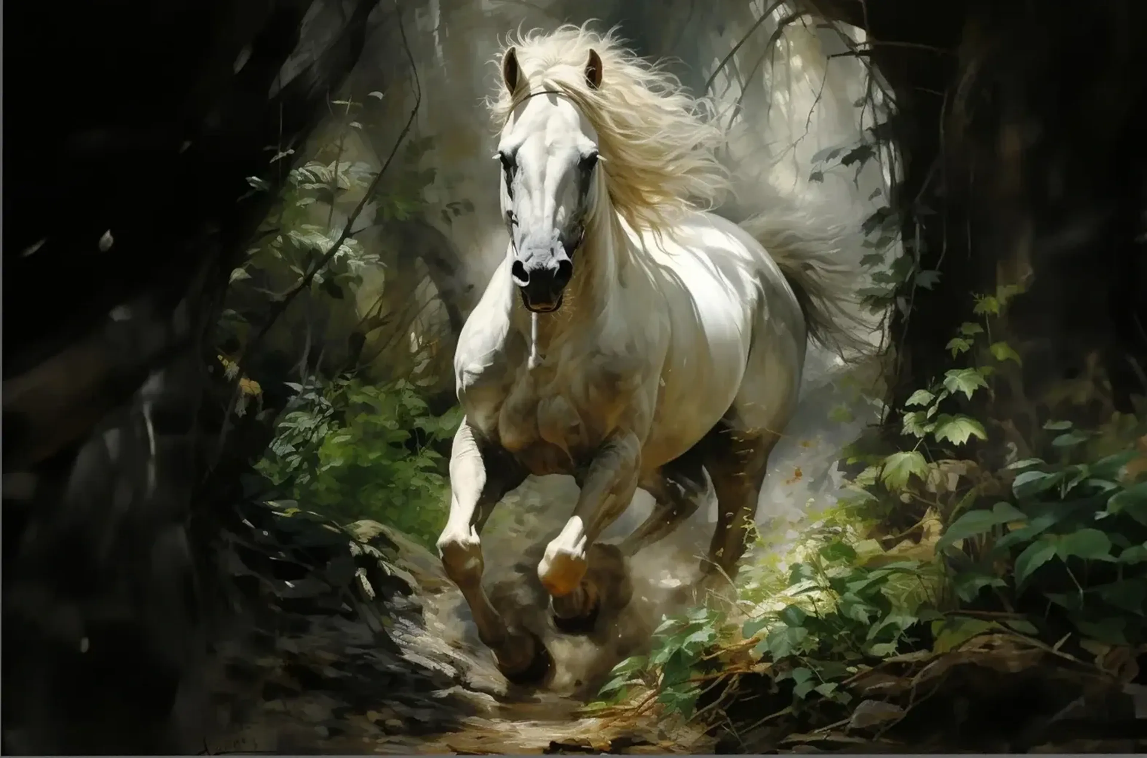 Ein weißes Pferd mit wehender Mähne galoppiert durch einen dunklen Wald zwischen grünen Blättern und hohen Bäumen.