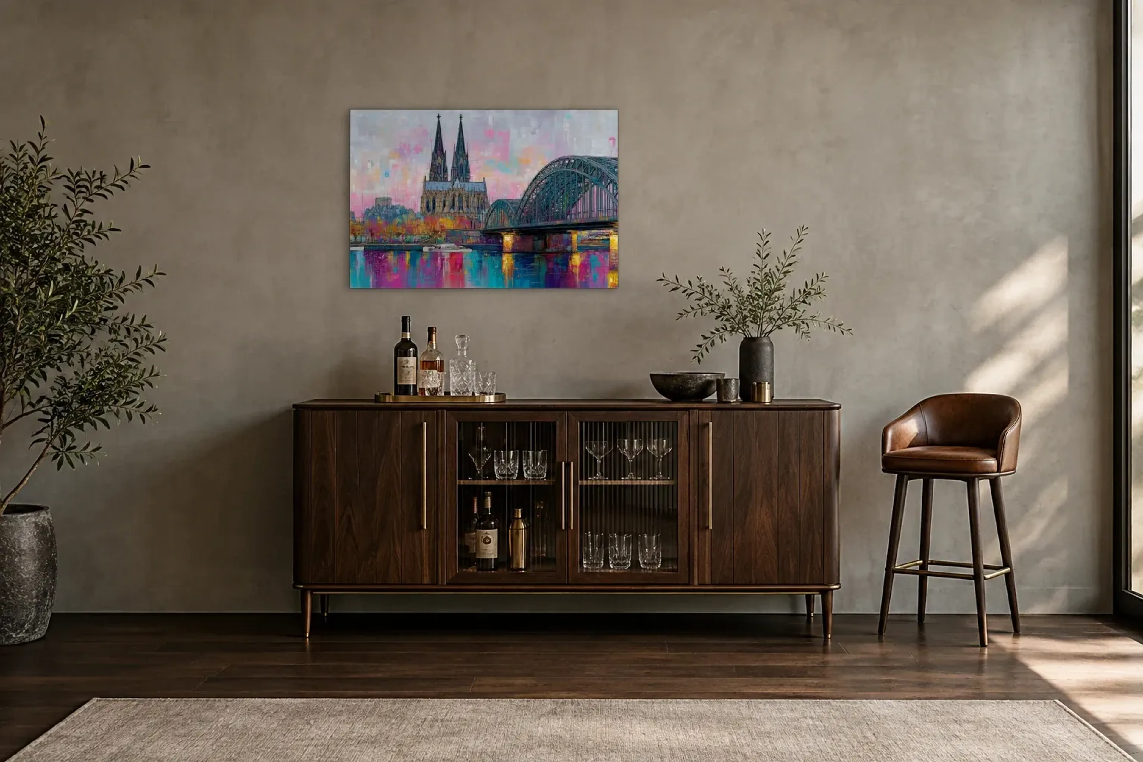 Köln in bunten Linien als Wandbild über einem 150-cm-Barschrank