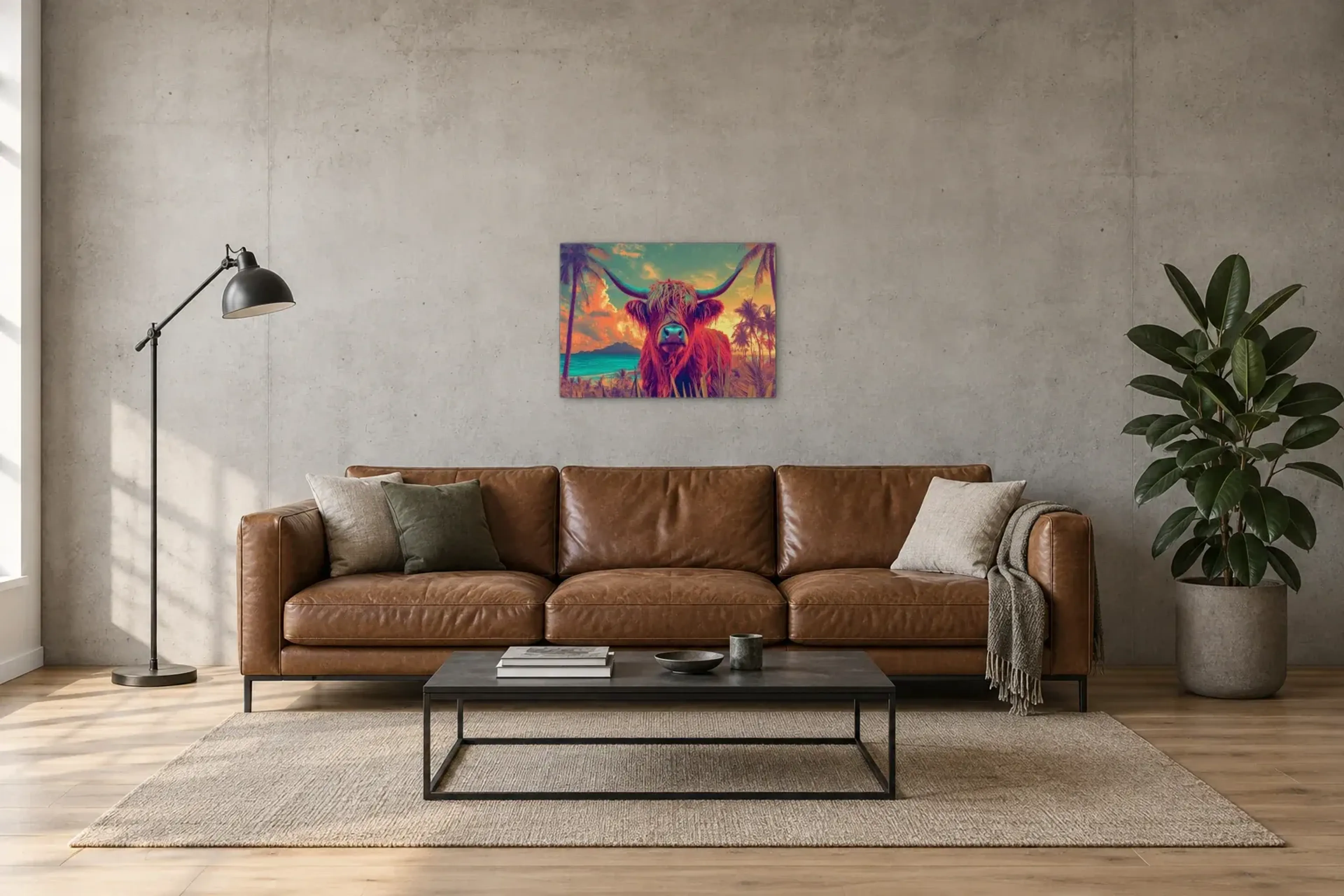 Hochlandrind unter Palmen als Wandbild über einem 220-cm-Sofa