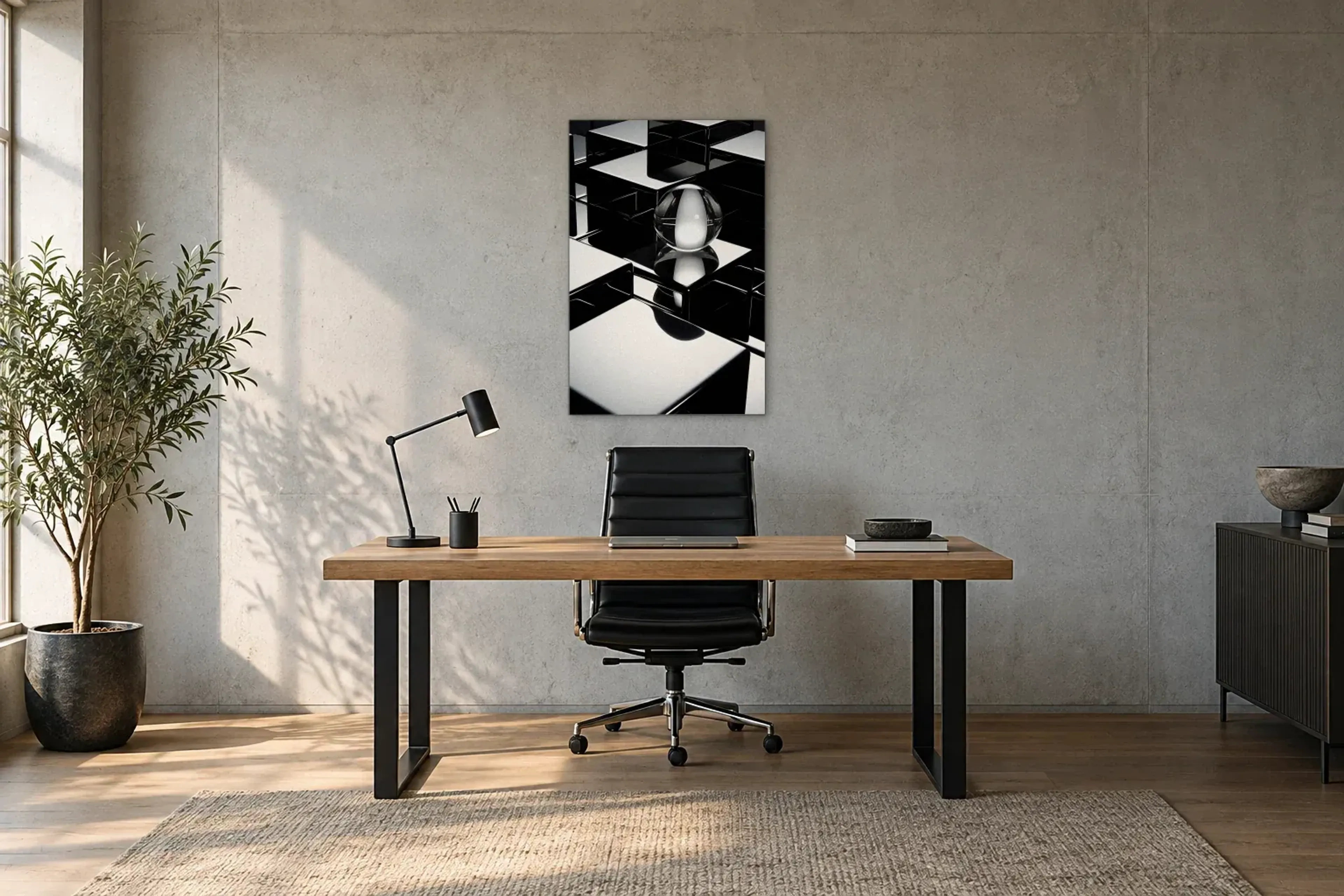 Kugel zwischen Spiegelstufen als Wandbild über einem 160-cm-Schreibtisch