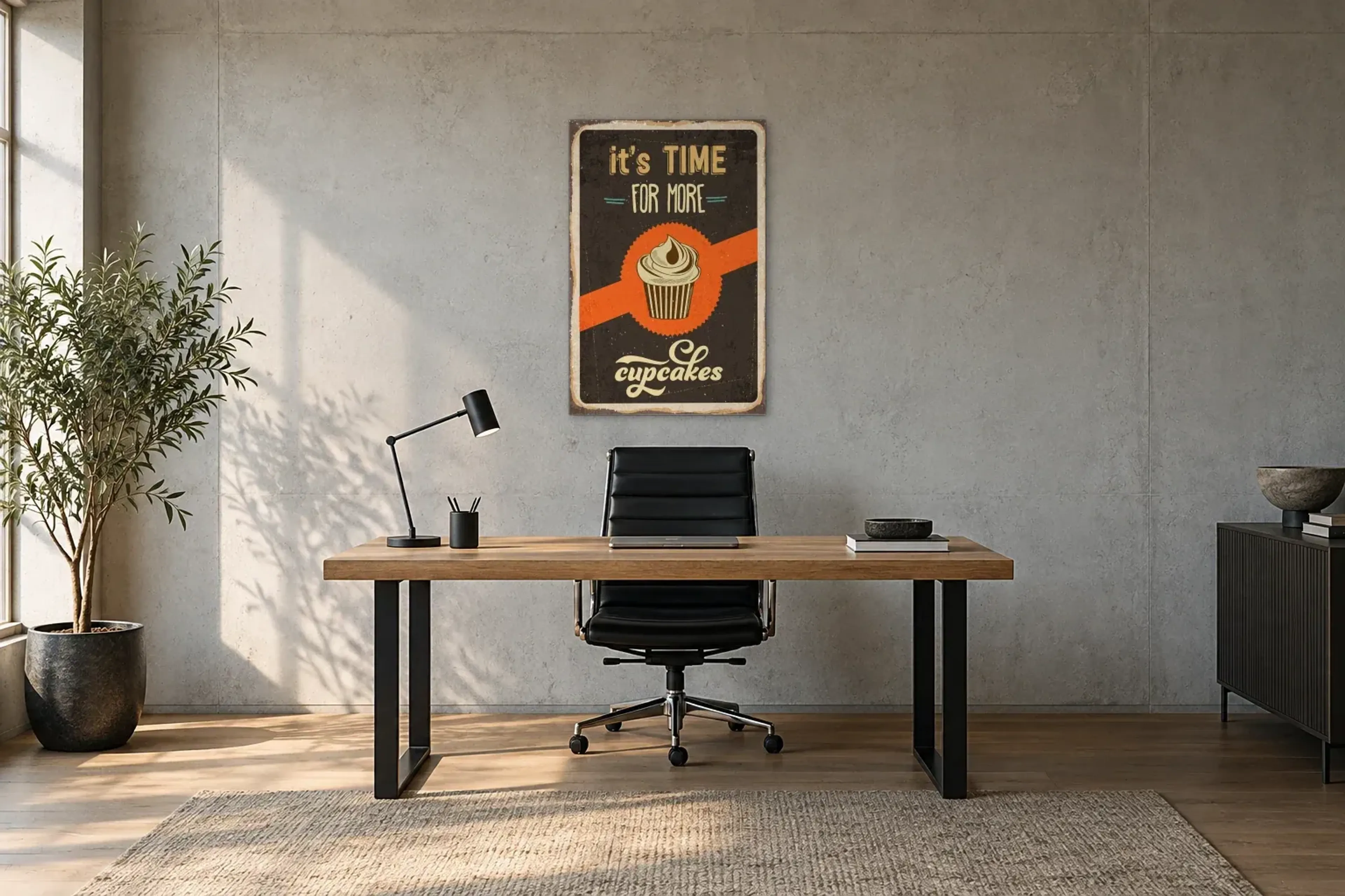 Zeit für Cupcakes als Wandbild über einem 160-cm-Schreibtisch