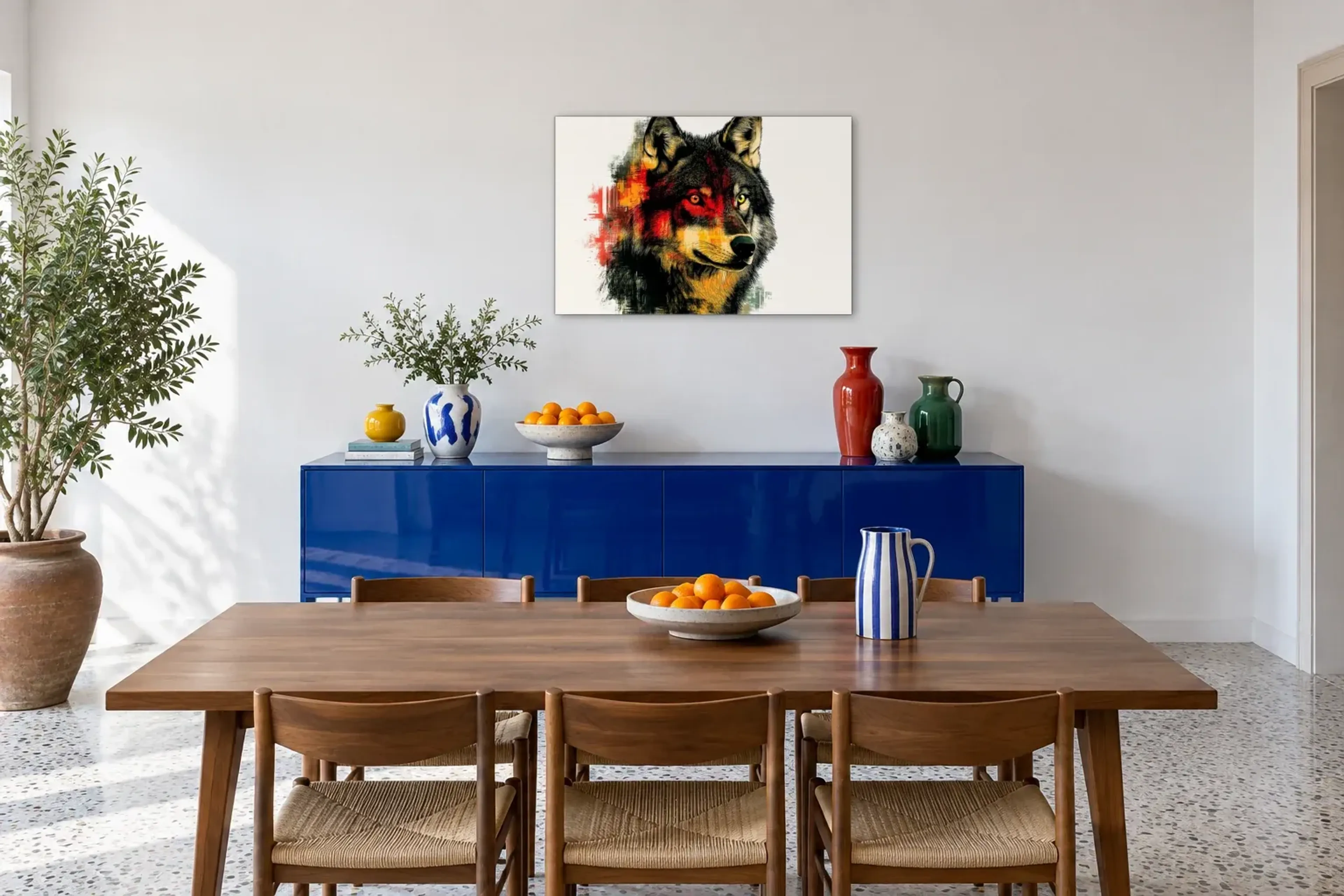 Wolf auf hellem Grund als Wandbild über einem 180-cm-Sideboard