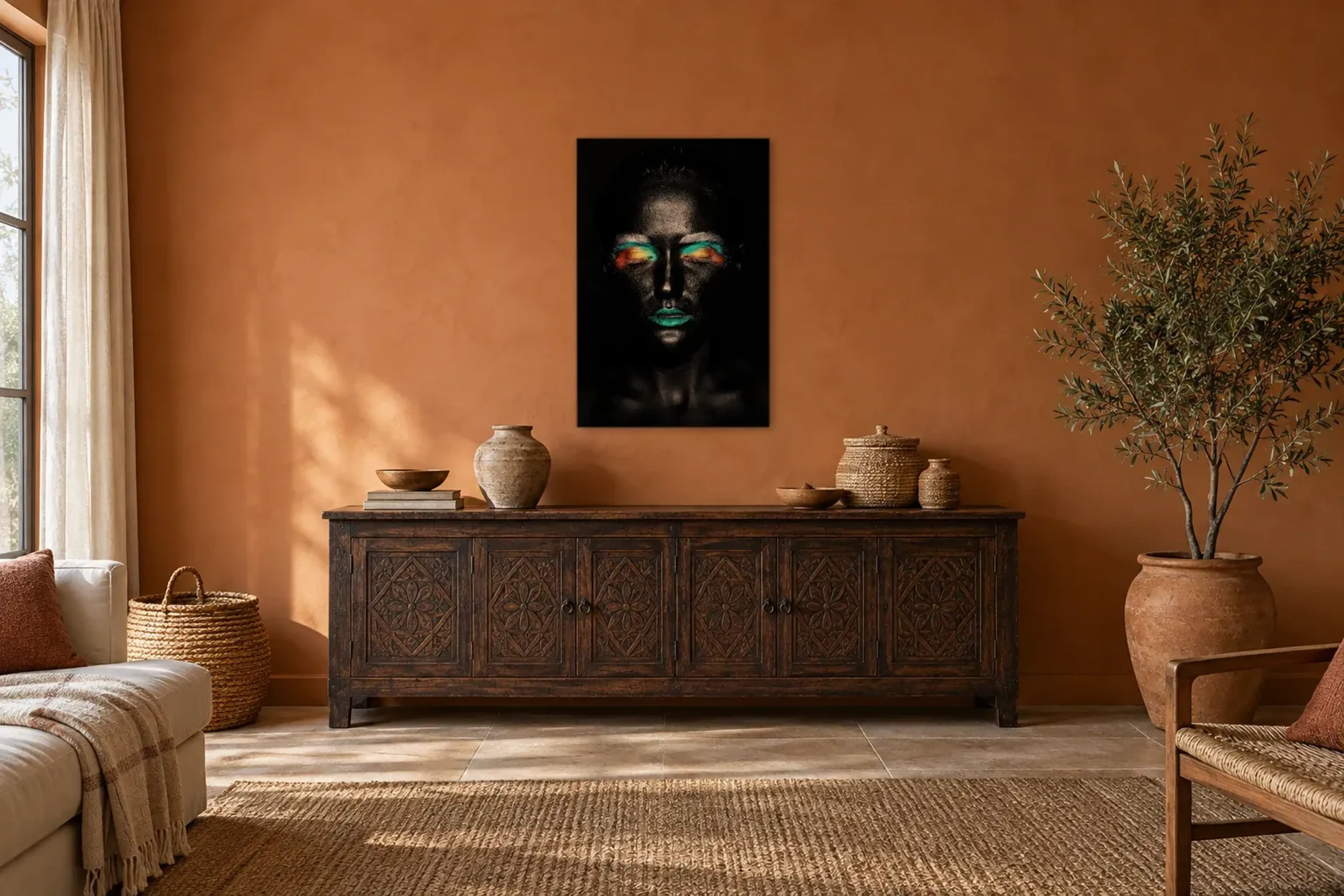 Porträt mit türkisfarbenen Lippen als Wandbild über einem 180-cm-Sideboard