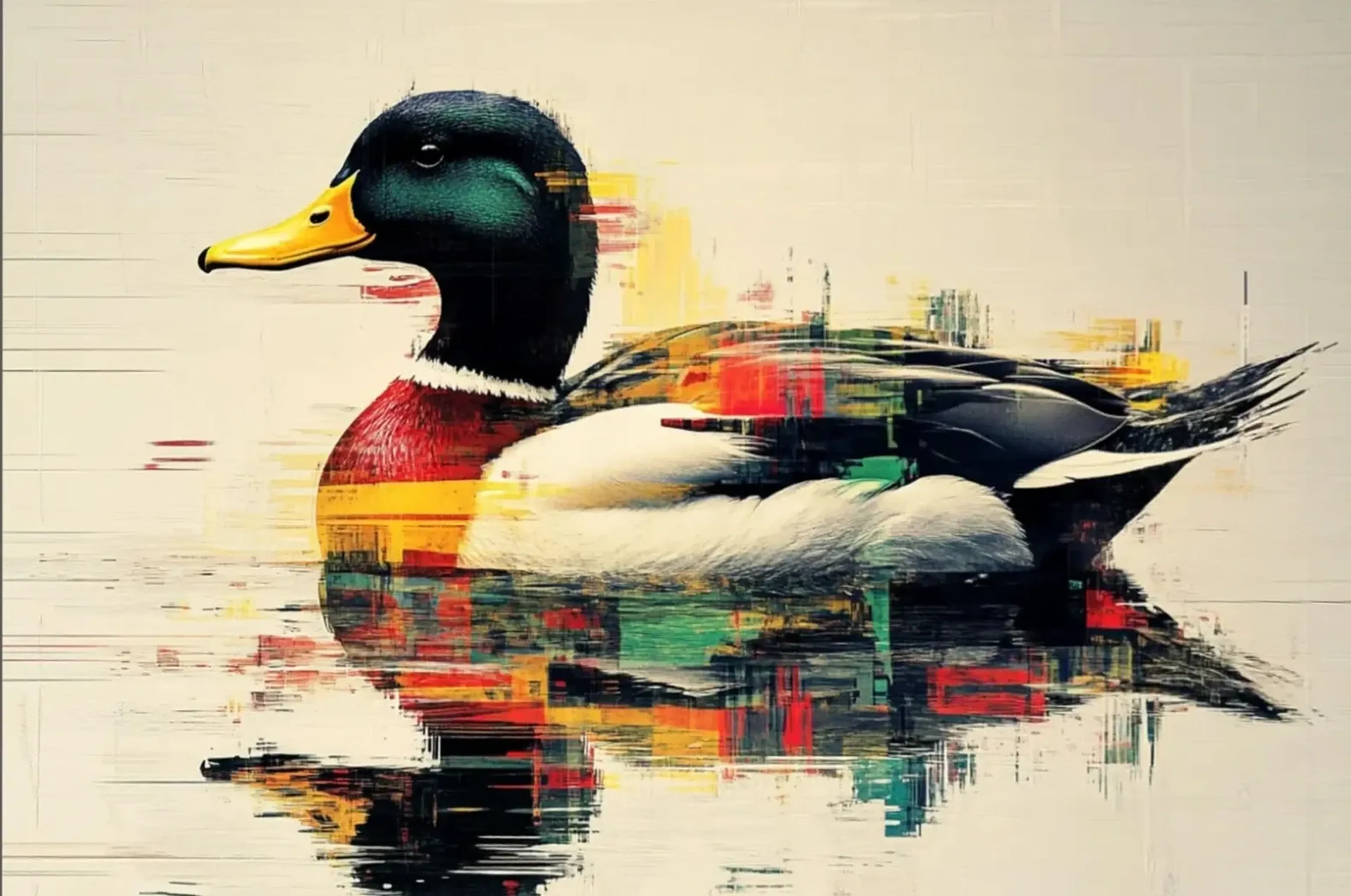 Ente mit Wasserspiegelung – Motiv als Wandbild auf Holz