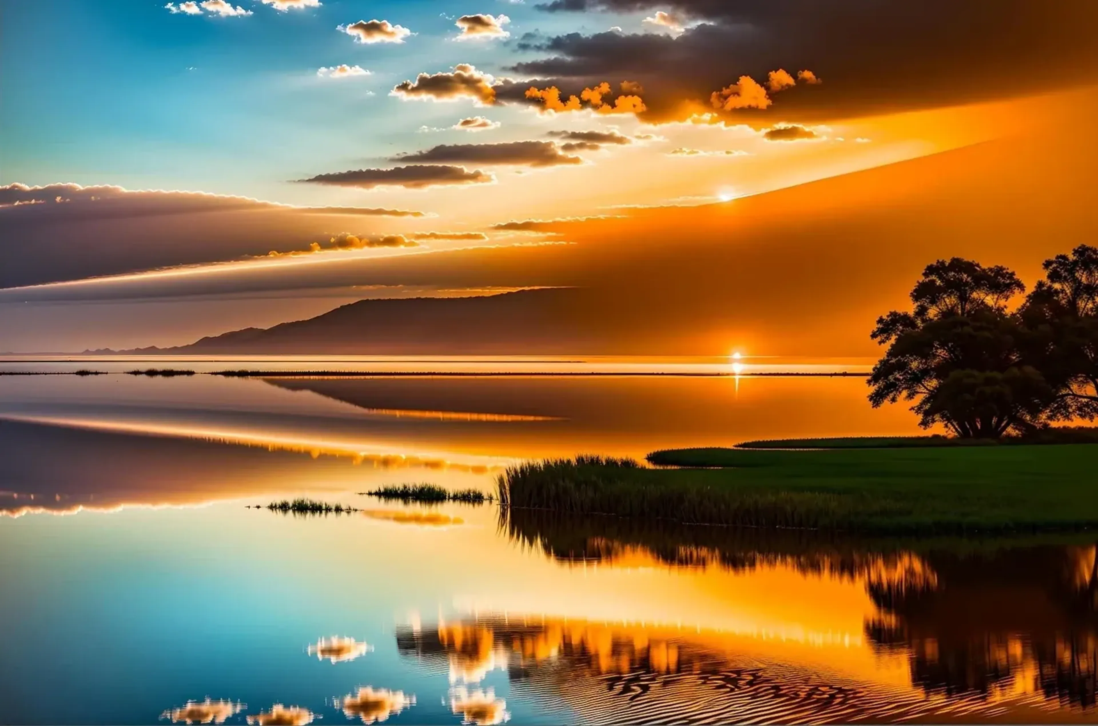 Ein See spiegelt den orangefarbenen Abendhimmel, mit Bergen am Horizont und einem Baum am rechten Ufer.