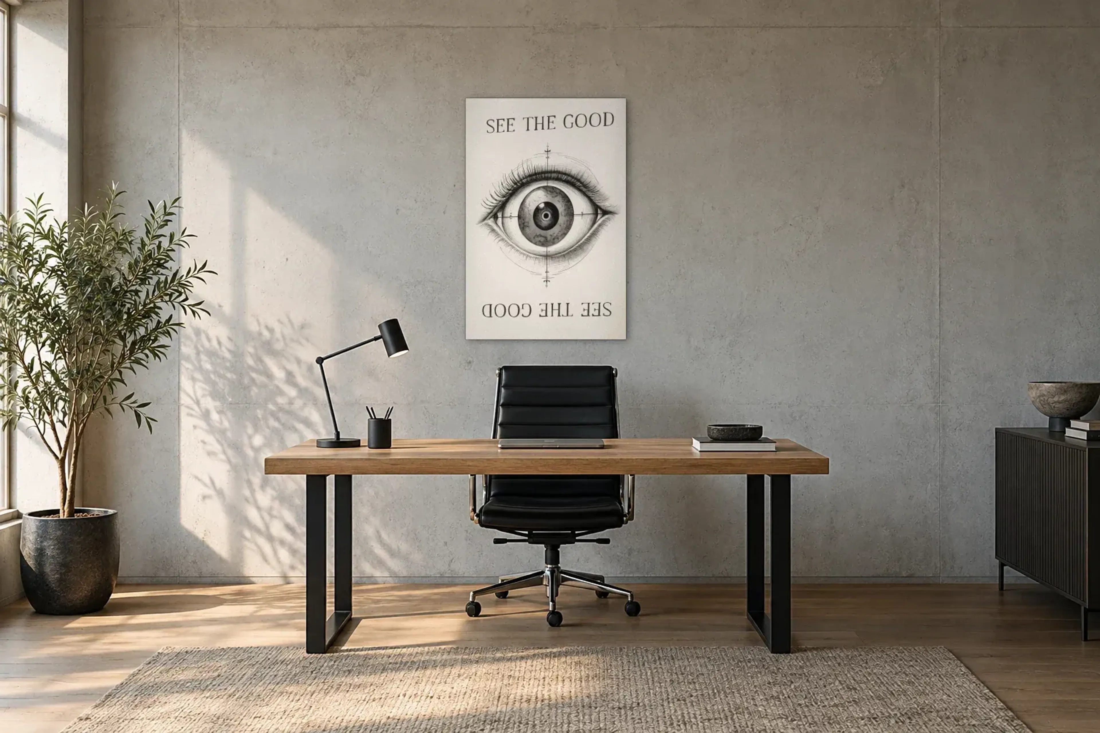 Auge See the good als Wandbild über einem 160-cm-Schreibtisch