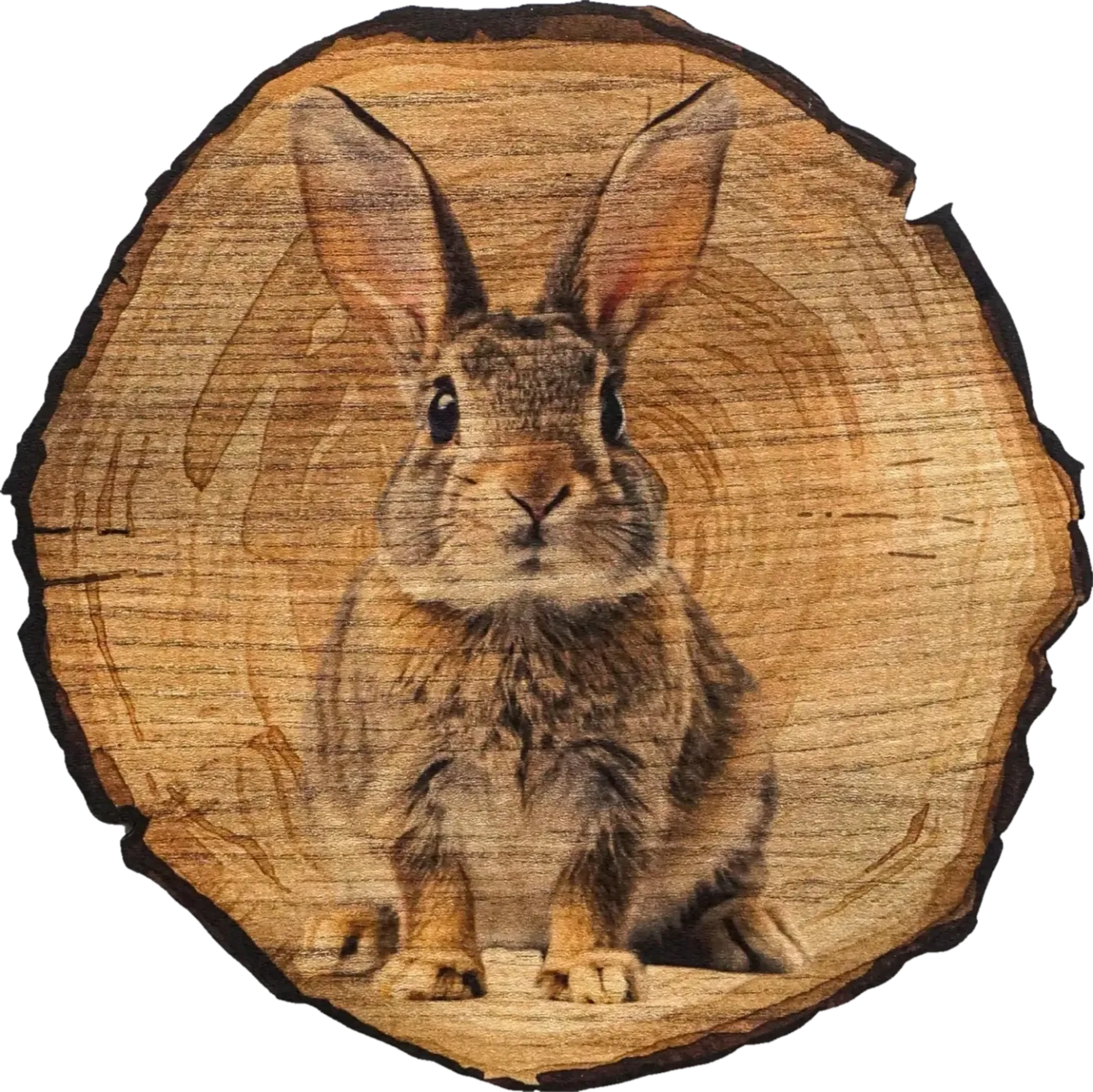 Ein frontal sitzender brauner Hase mit langen, aufrechten Ohren auf einem runden Hintergrund in Holzoptik.