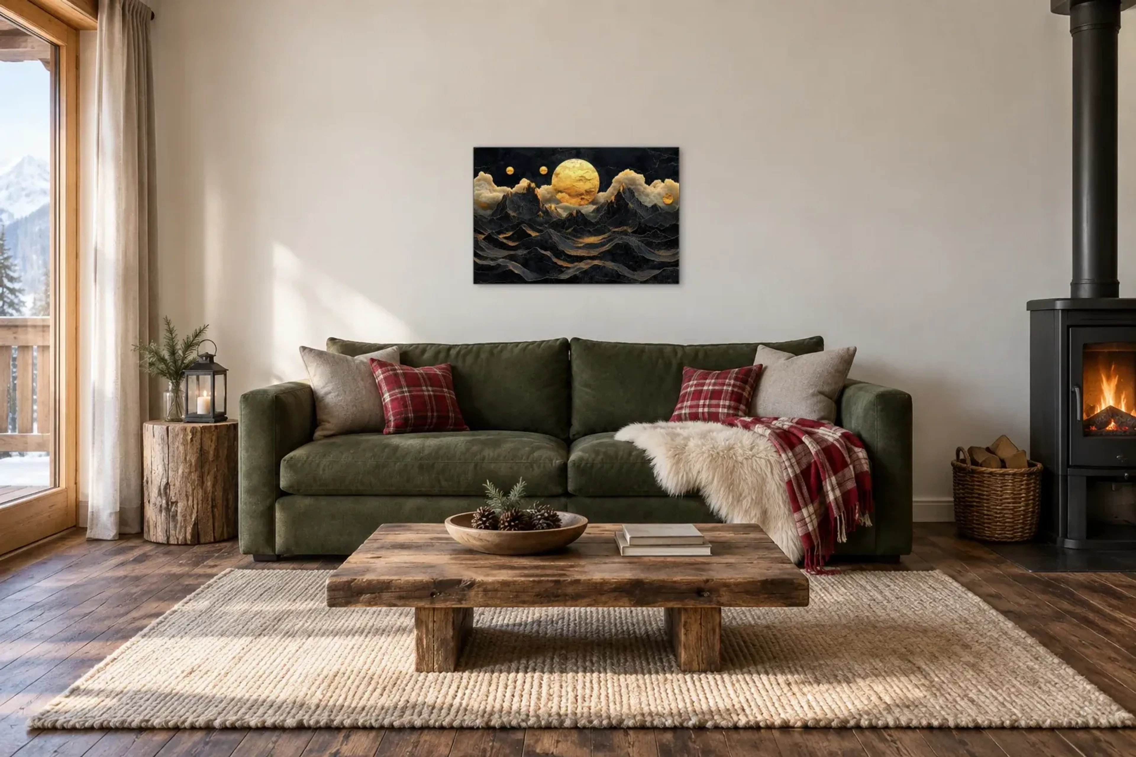 Berge im goldenen Mondlicht als Wandbild über einem 220-cm-Sofa