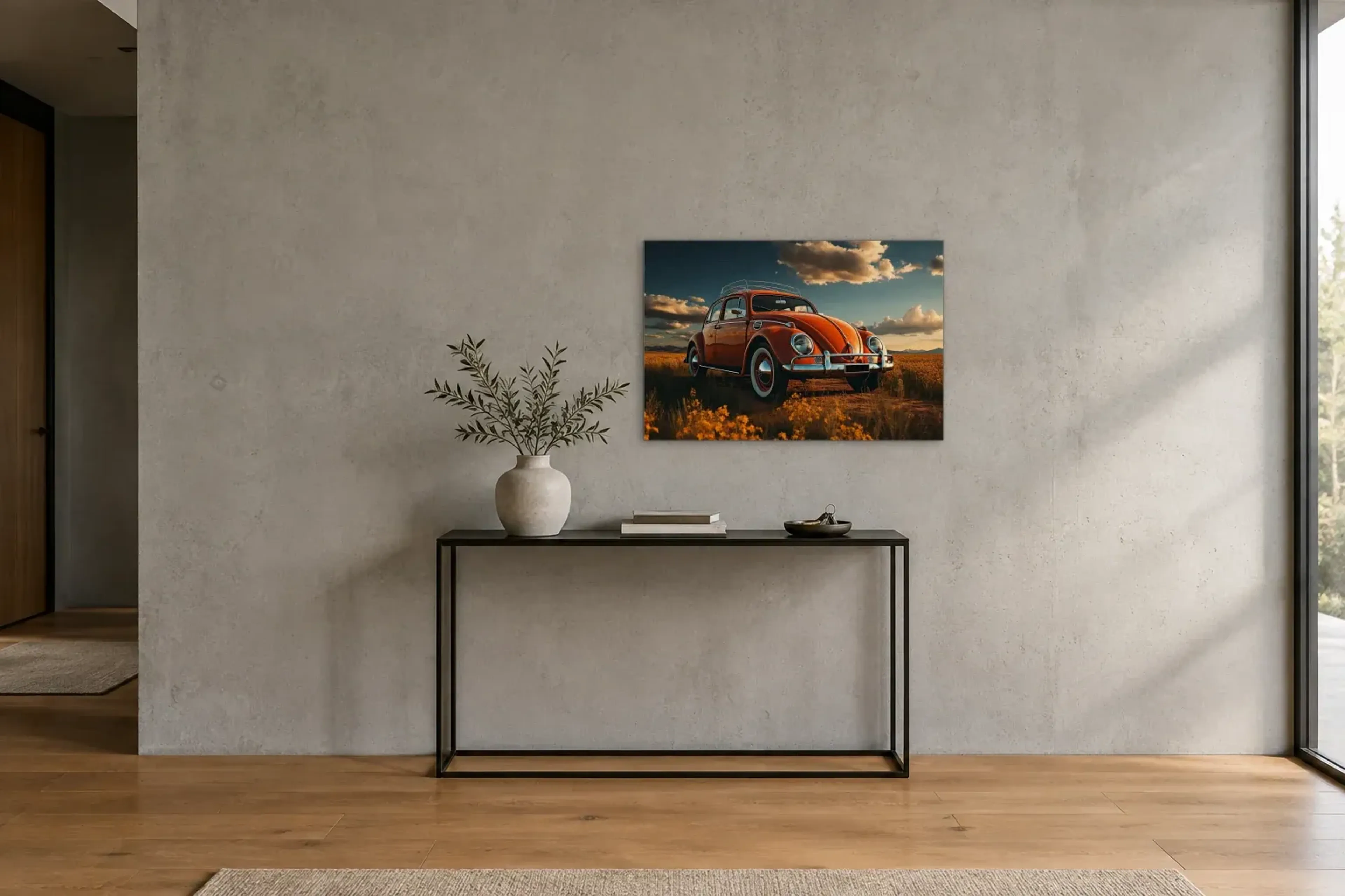 Käfer im Abendlicht als Wandbild über einer 120-cm-Konsole