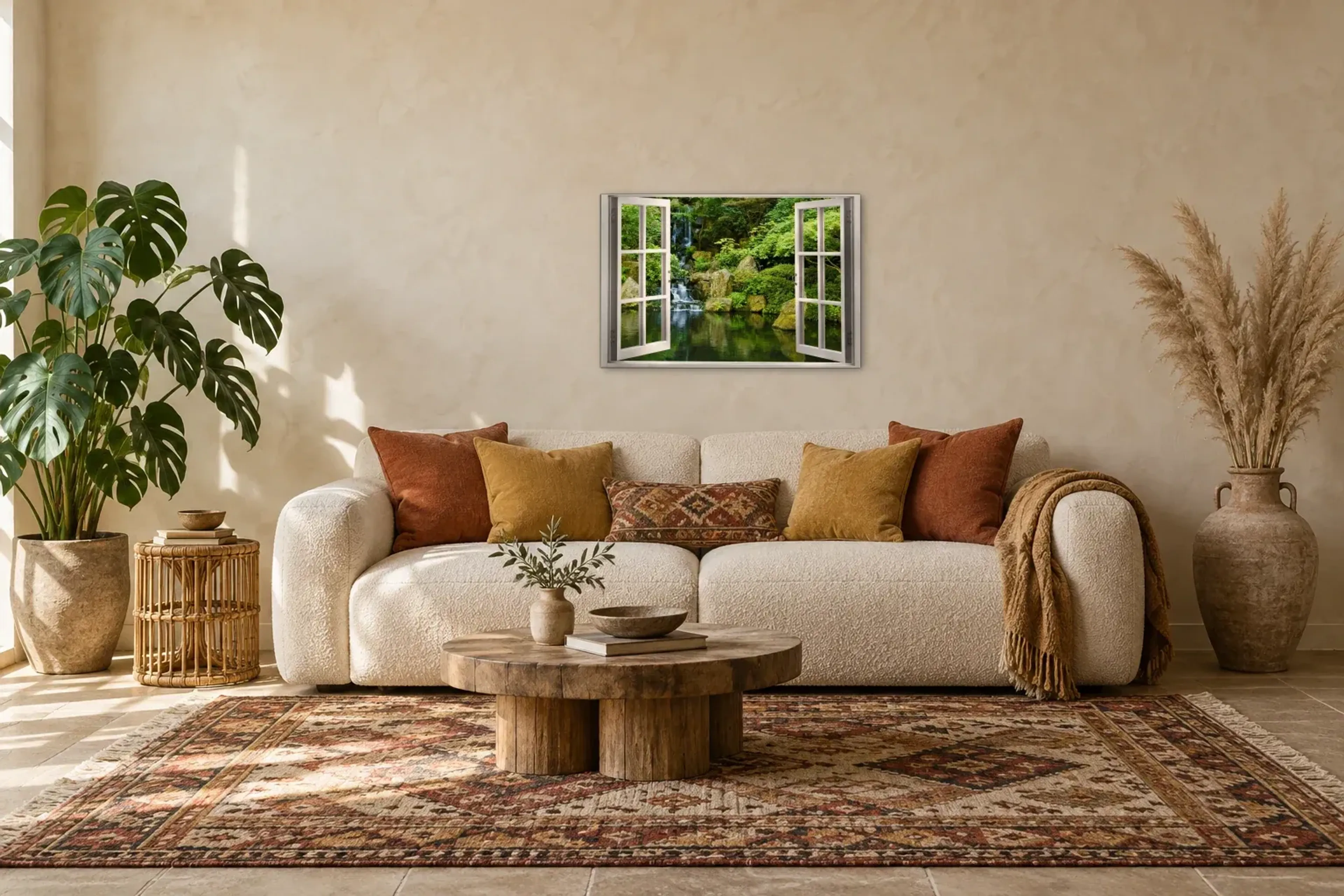 Wasserlauf im Garten als Wandbild über einem 220-cm-Sofa