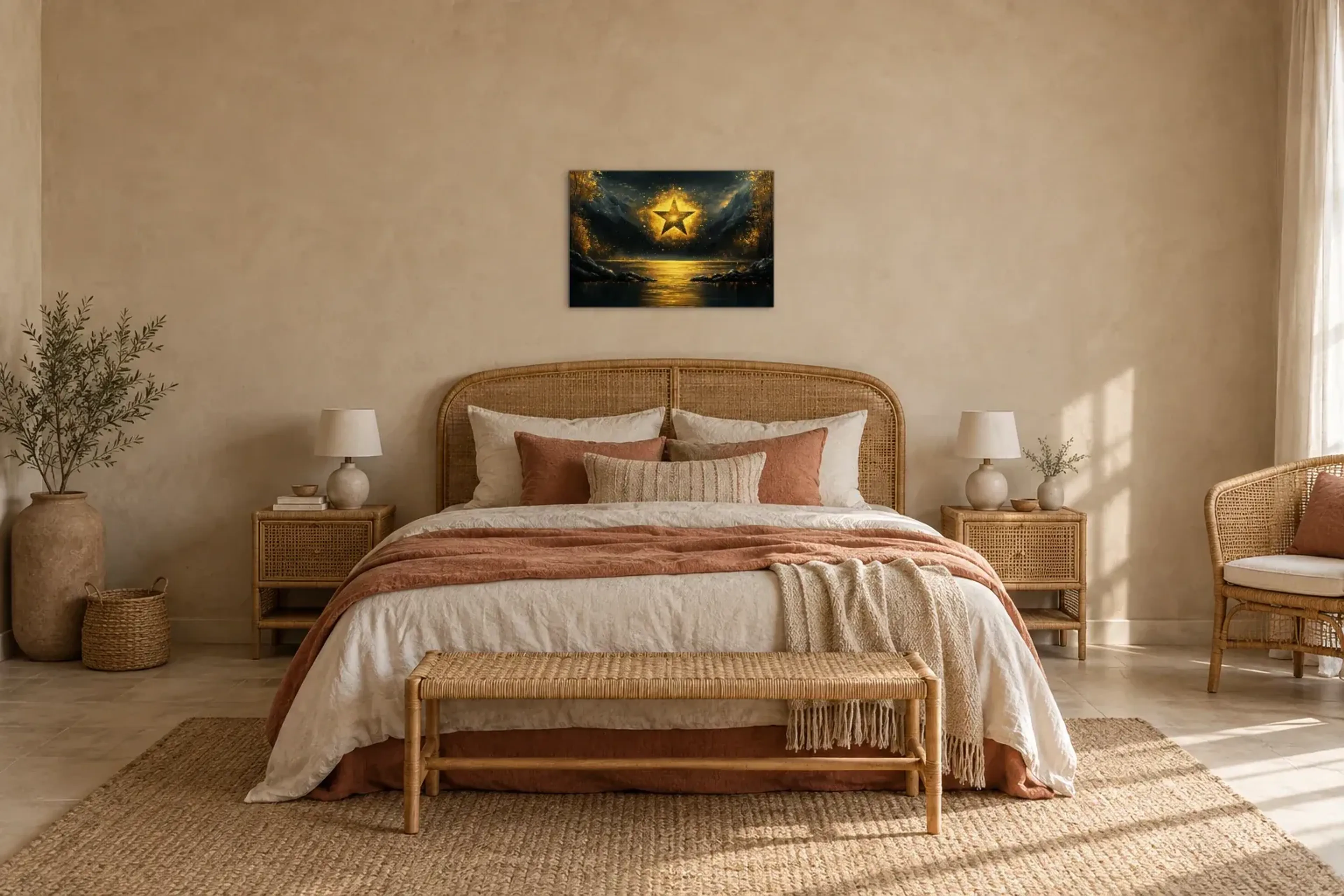 Leuchtender Himmelsstern als Wandbild über einem 180-cm-Bett