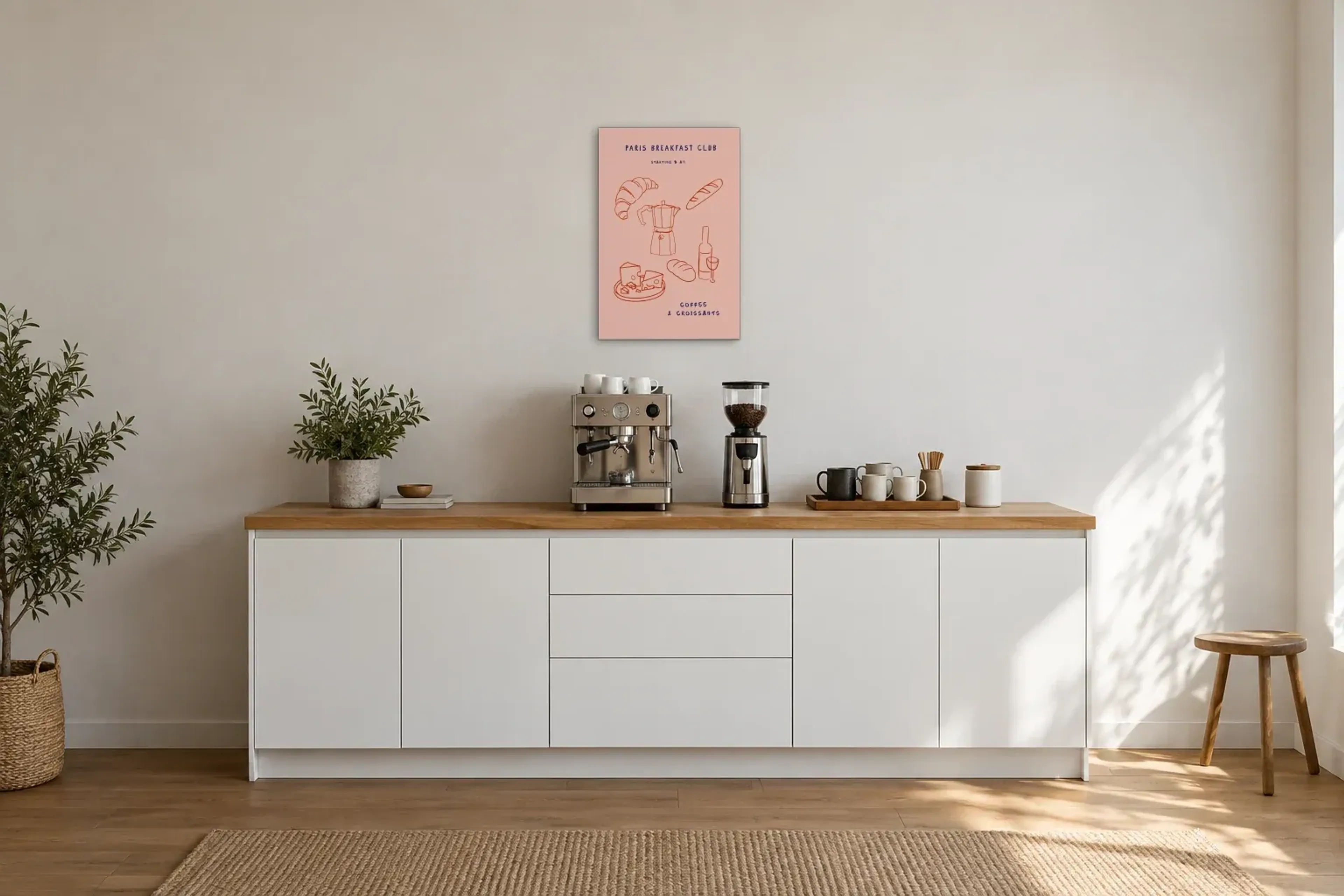 Paris Frühstücksclub als Wandbild über einer 200-cm-Arbeitsplatte