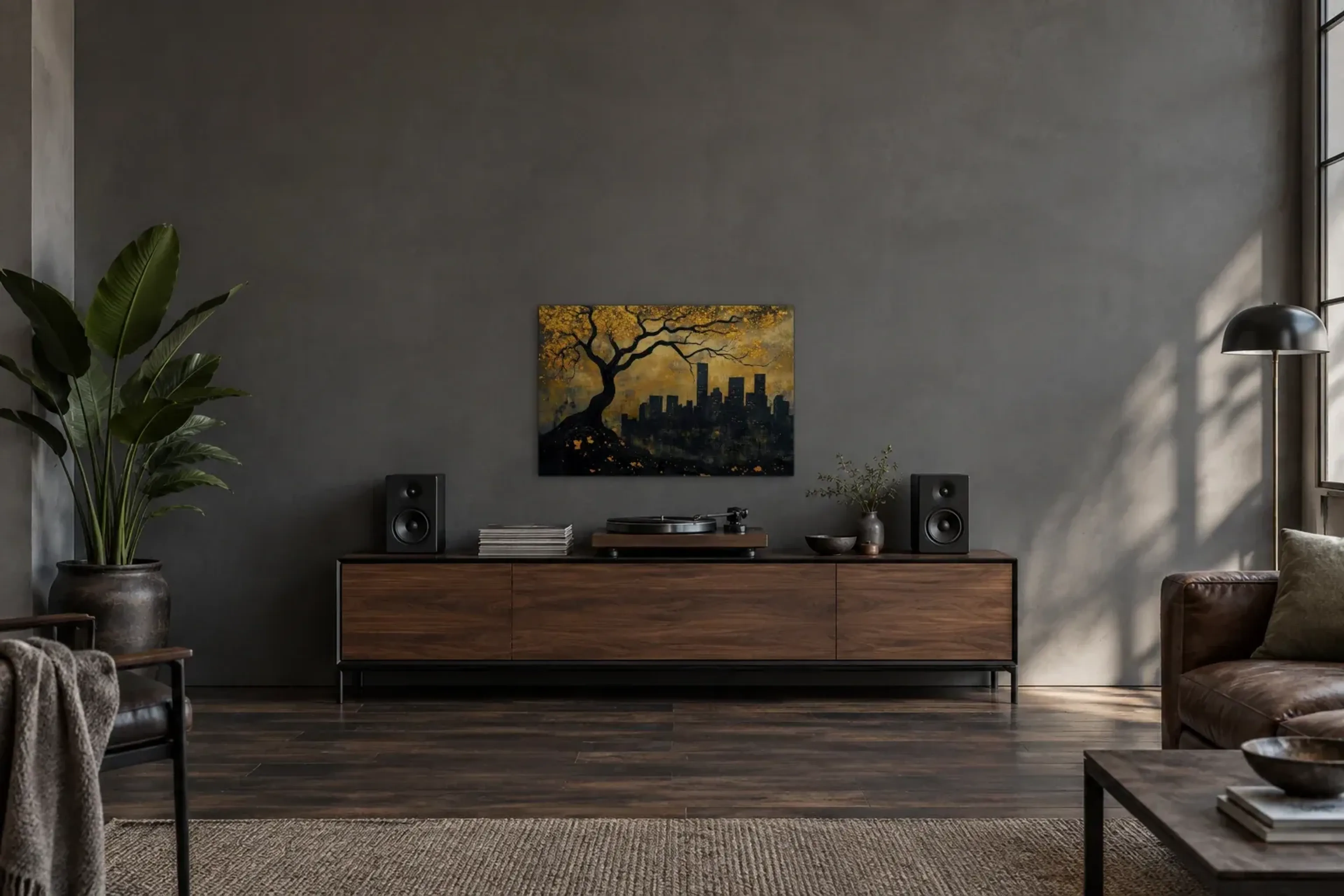 Lebensbaum City als Wandbild über einem 200-cm-Sideboard