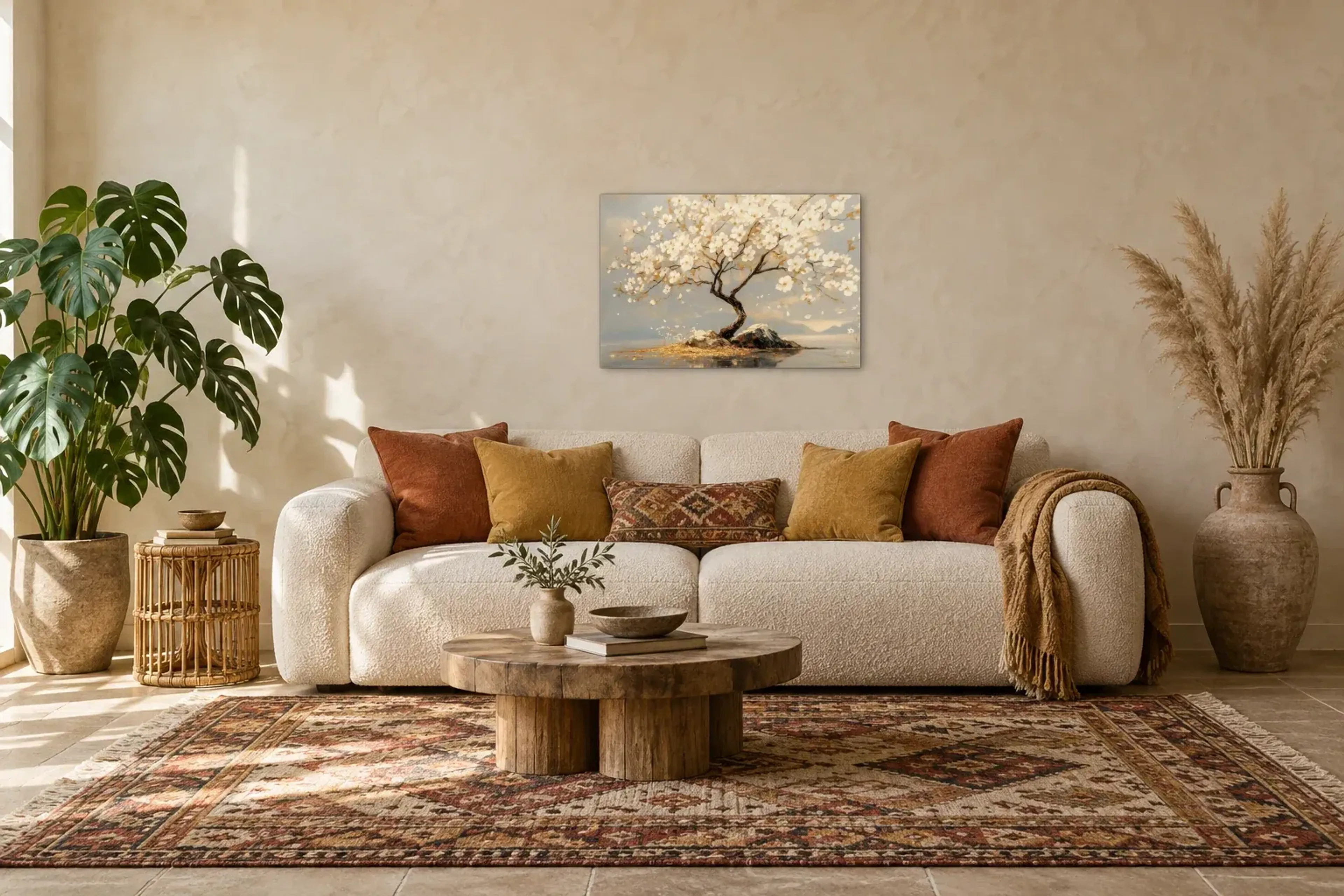 Blütenbaum am Wasser als Wandbild über einem 220-cm-Sofa