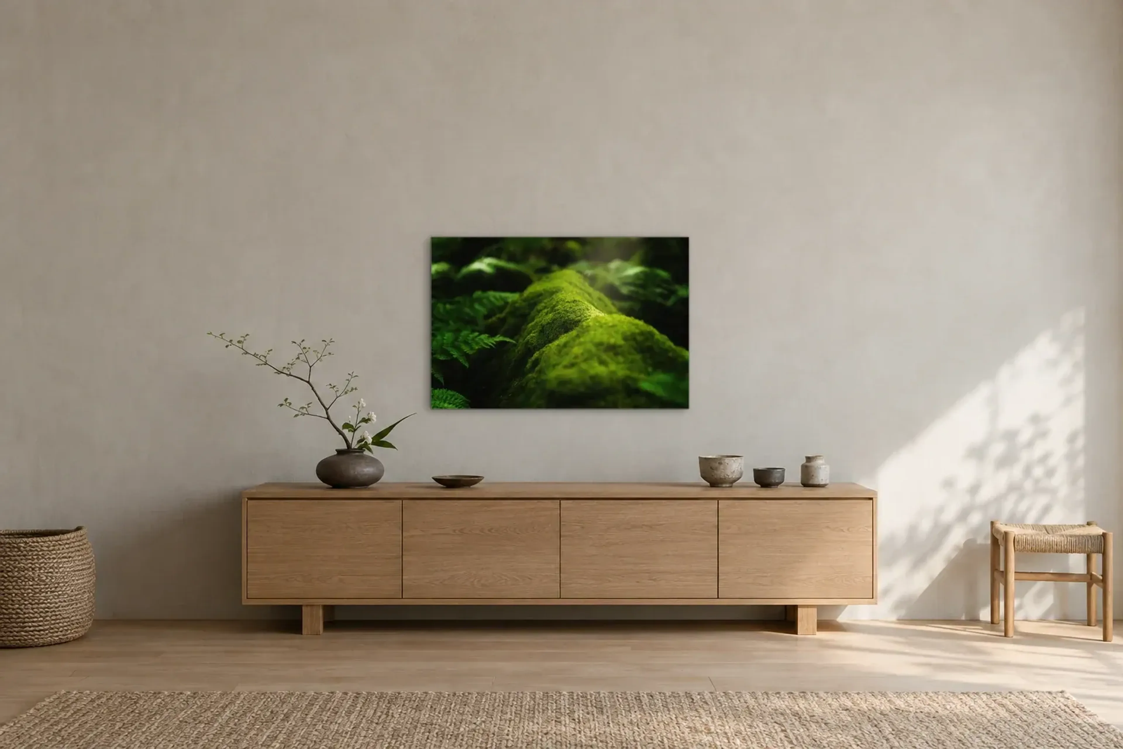 Moos im Waldlicht als Wandbild über einem 180-cm-Sideboard