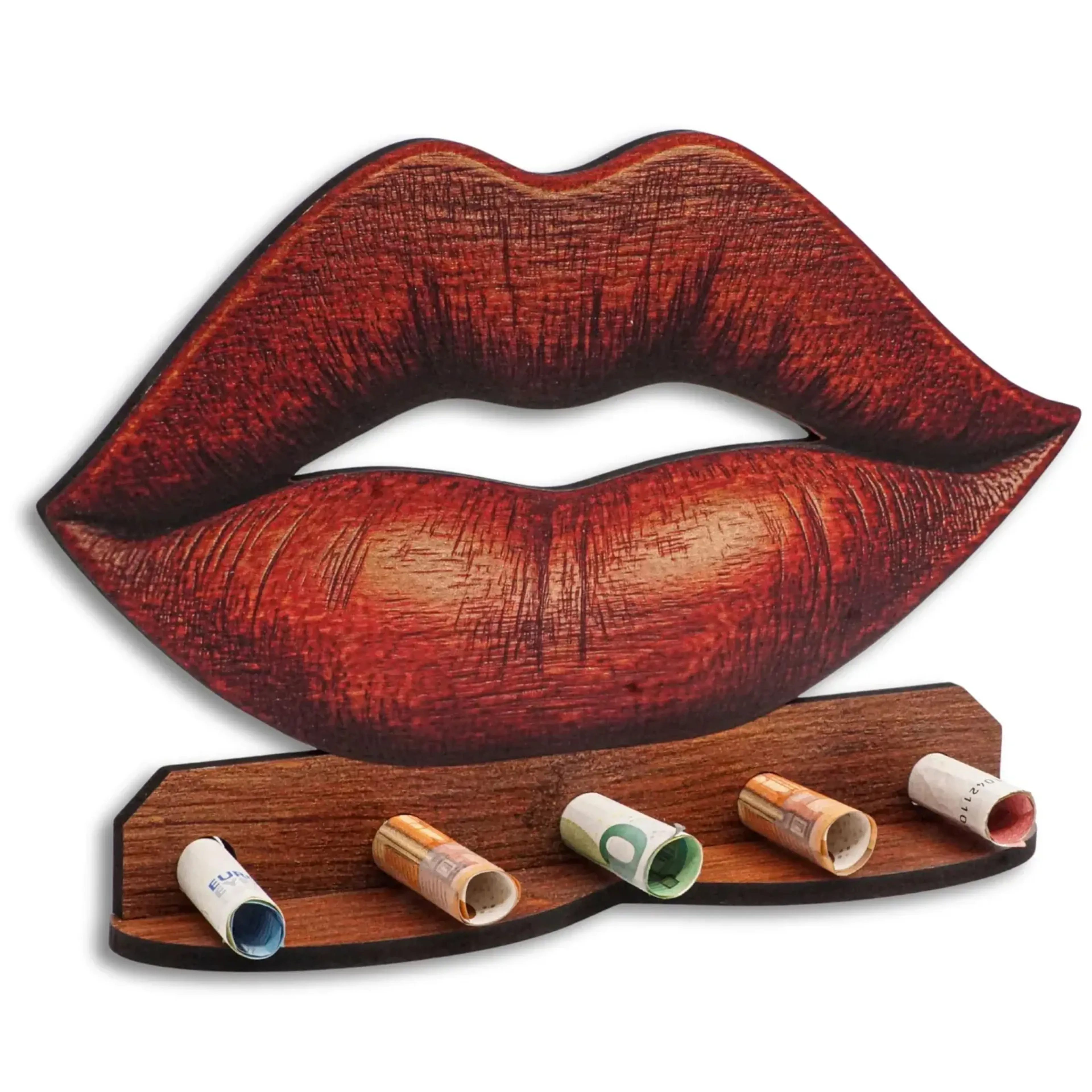 Rote, leicht geöffnete Lippen mit sichtbarer Maserung über einer braunen Leiste mit fünf gerollten Geldscheinen.