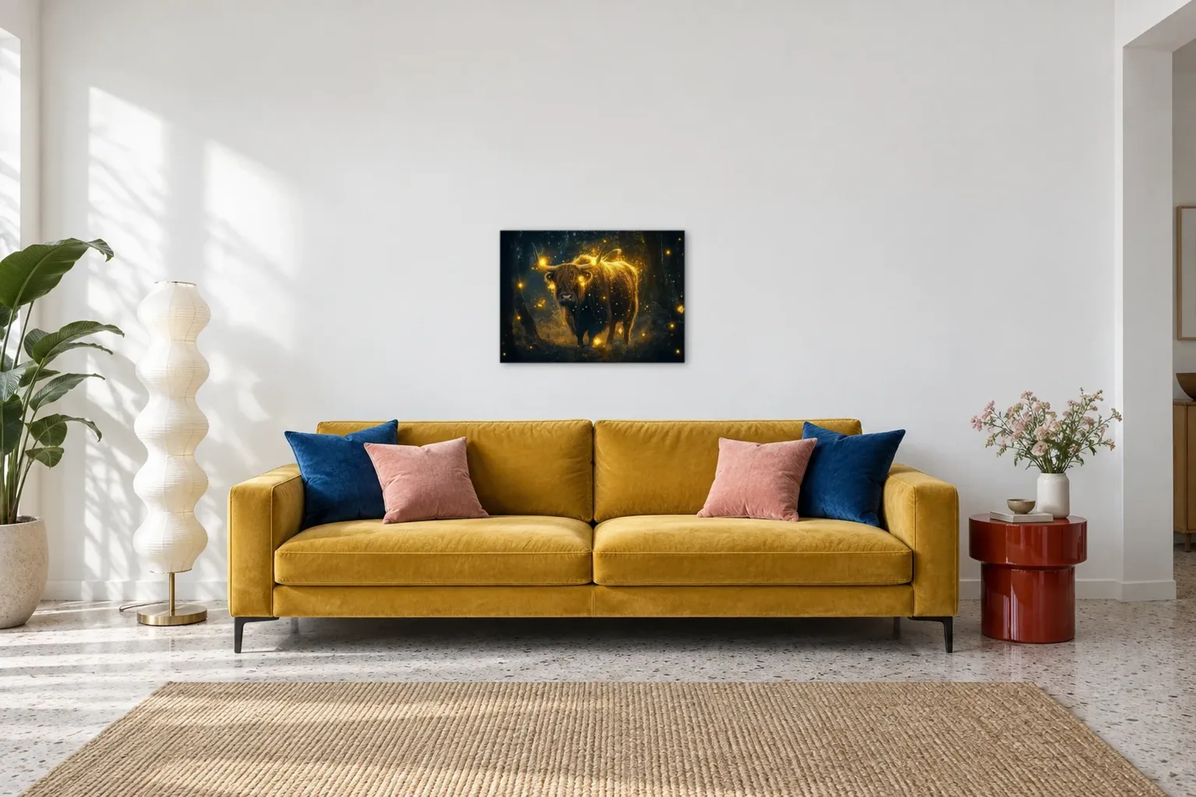 Hochlandrind im Lichterwald als Wandbild über einem 220-cm-Sofa