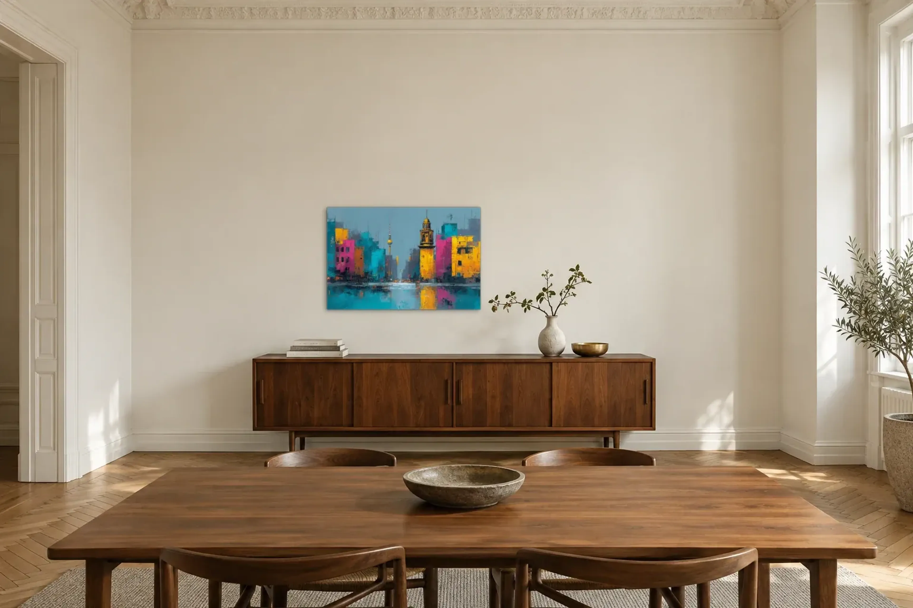 Berlin in bunten Flächen als Wandbild über einem 200-cm-Sideboard