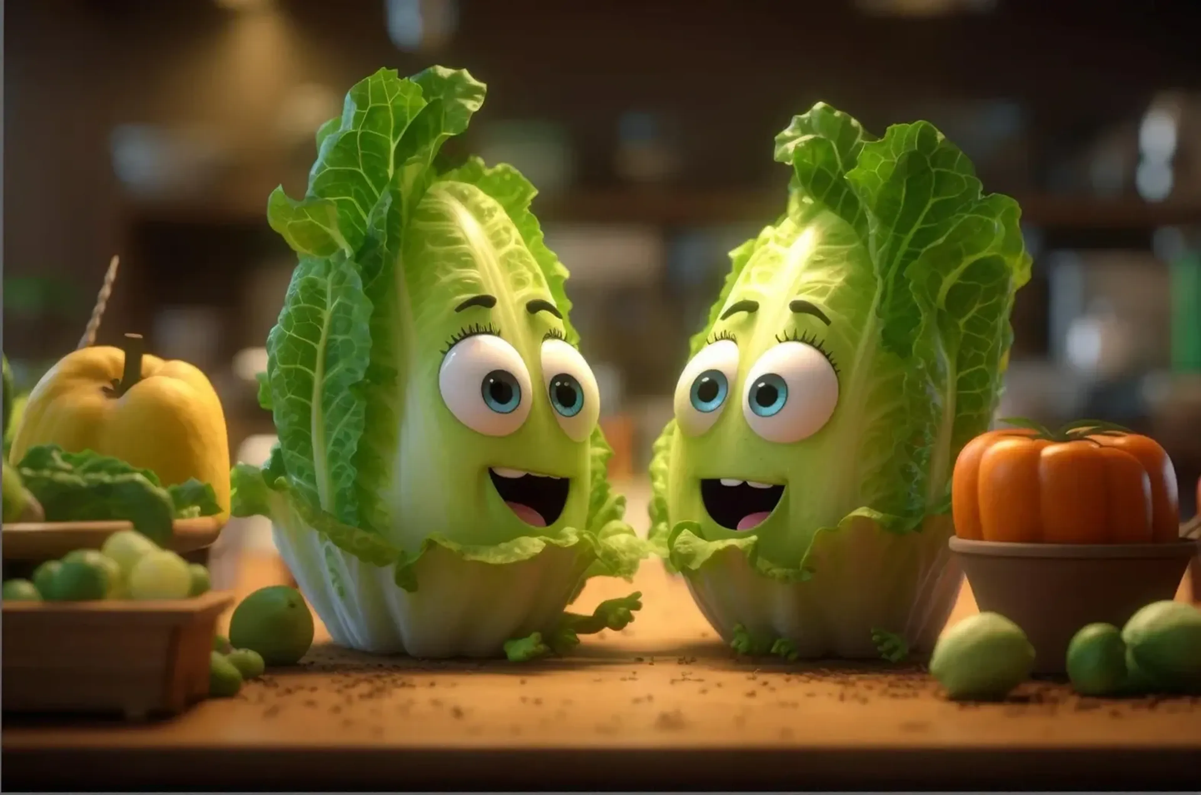 Zwei lachende Salatköpfe mit großen Augen stehen zwischen Gemüse im warmen Licht einer Küche.