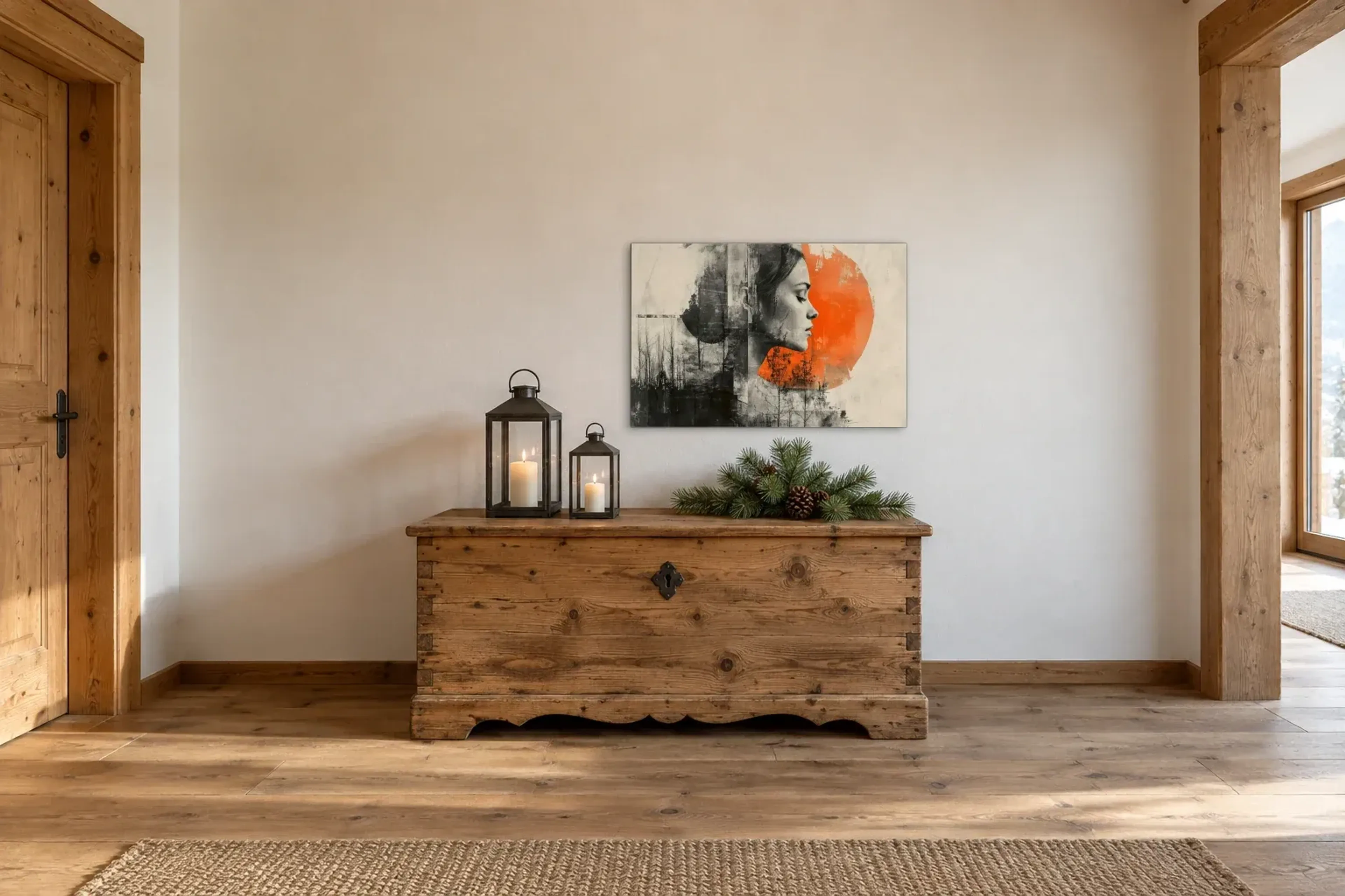 Profil mit Wald als Wandbild über einer 140-cm-Truhe