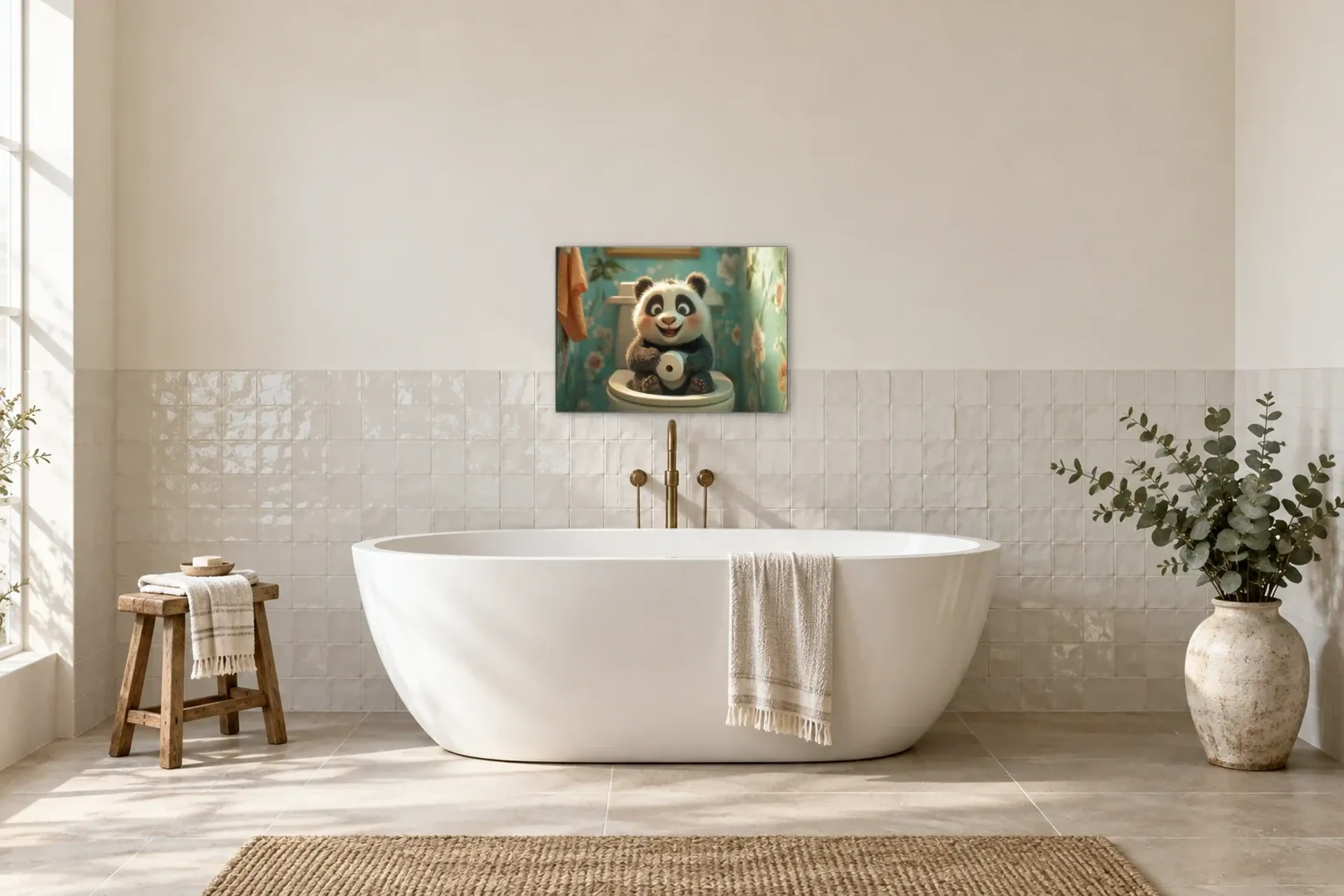 Panda mit Papierrolle als Wandbild über einer 170-cm-Badewanne