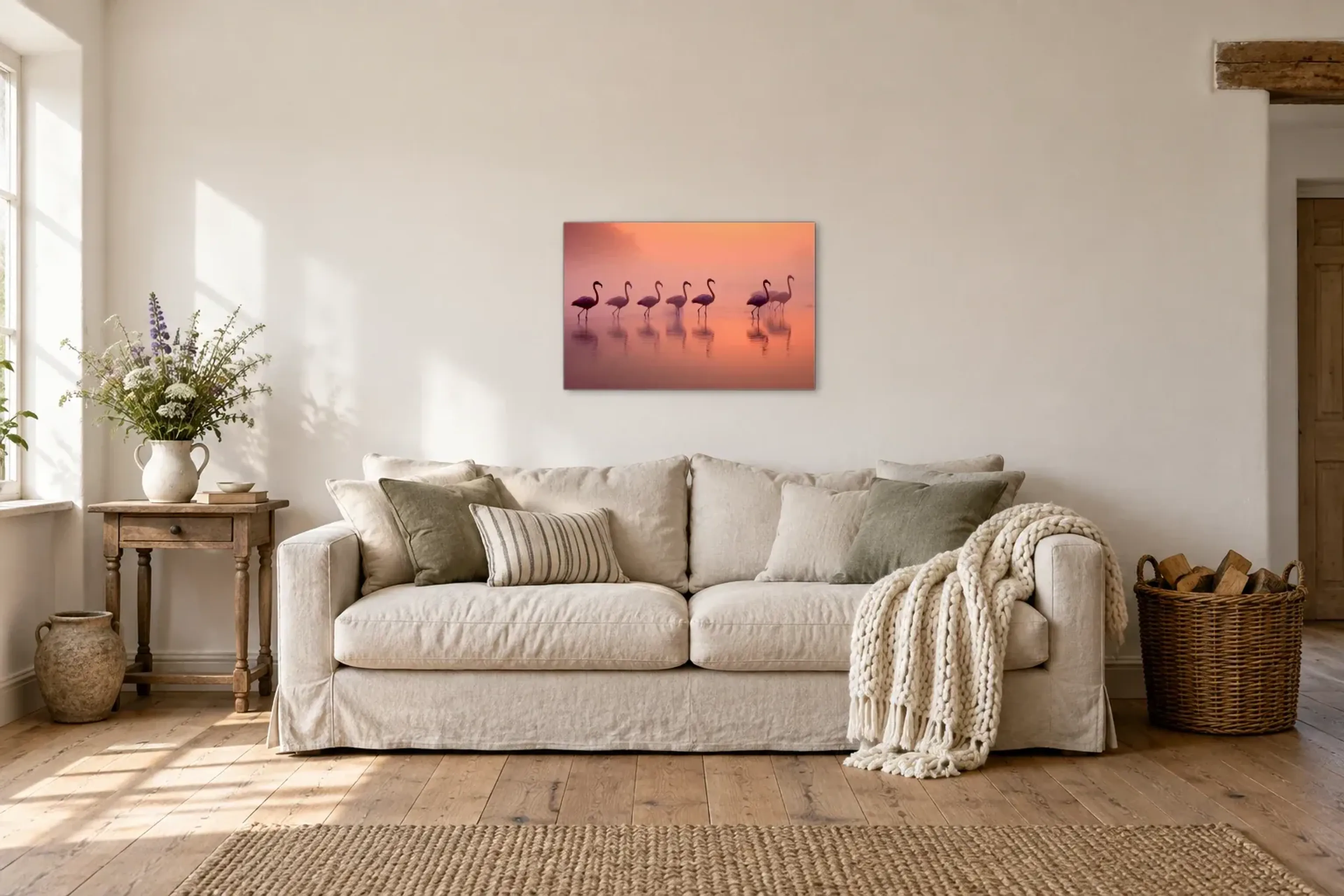 Flamingos im Nebel als Wandbild über einem 220-cm-Sofa