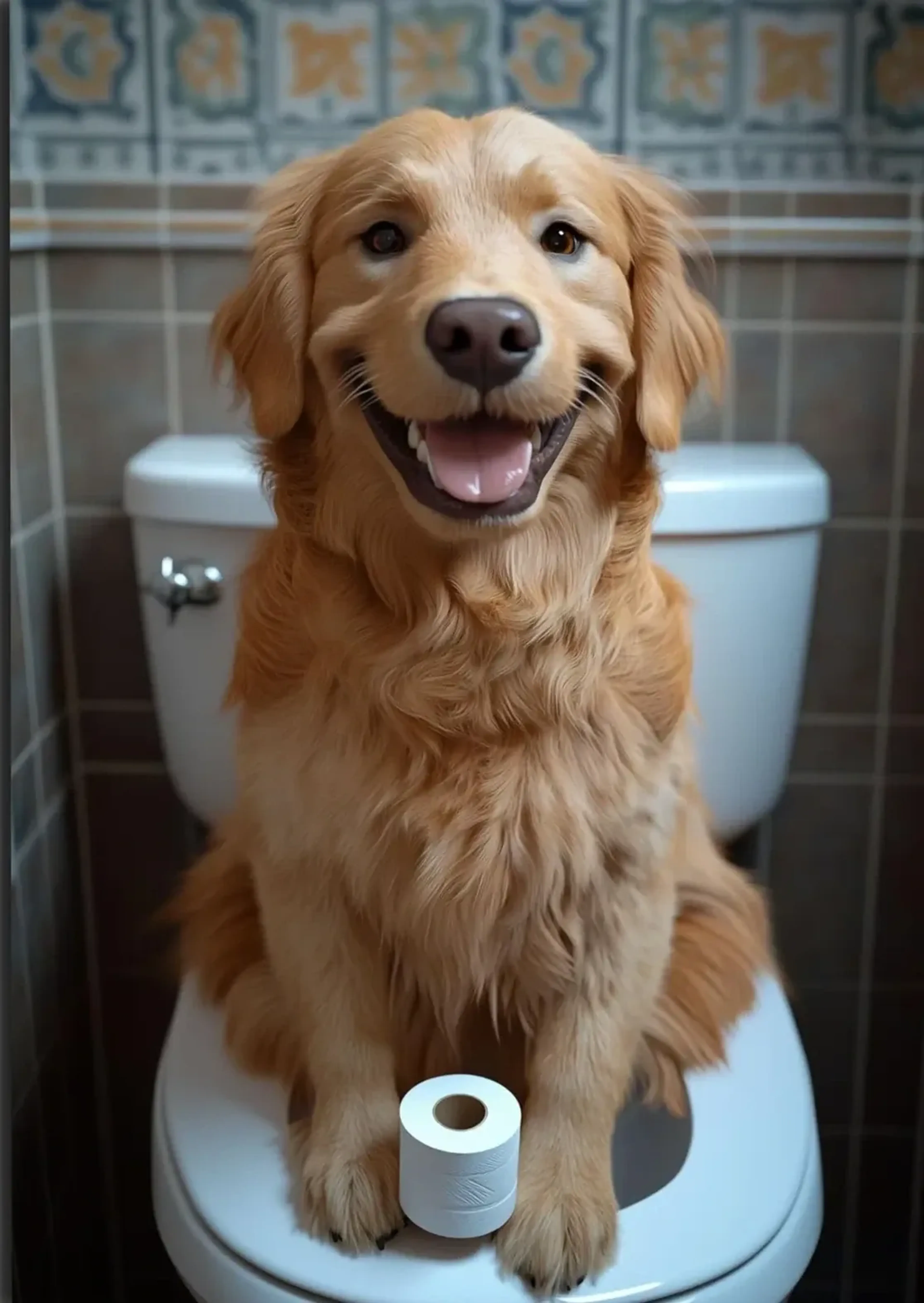 Ein Golden Retriever sitzt auf einer Toilettenbrille mit einer kleinen Papierrolle zwischen den Vorderpfoten.