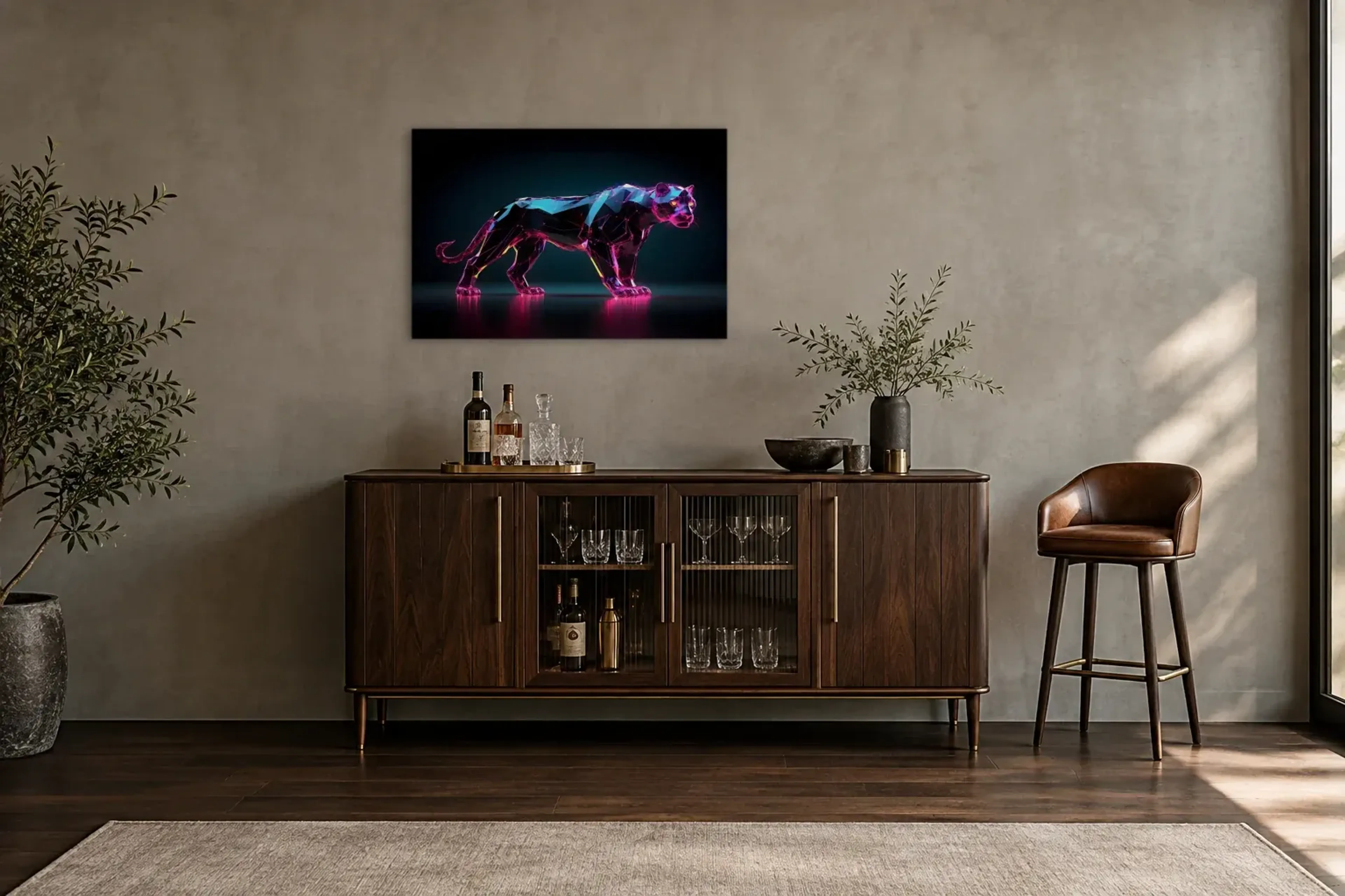 Panther in Neonfacetten als Wandbild über einem 150-cm-Barschrank