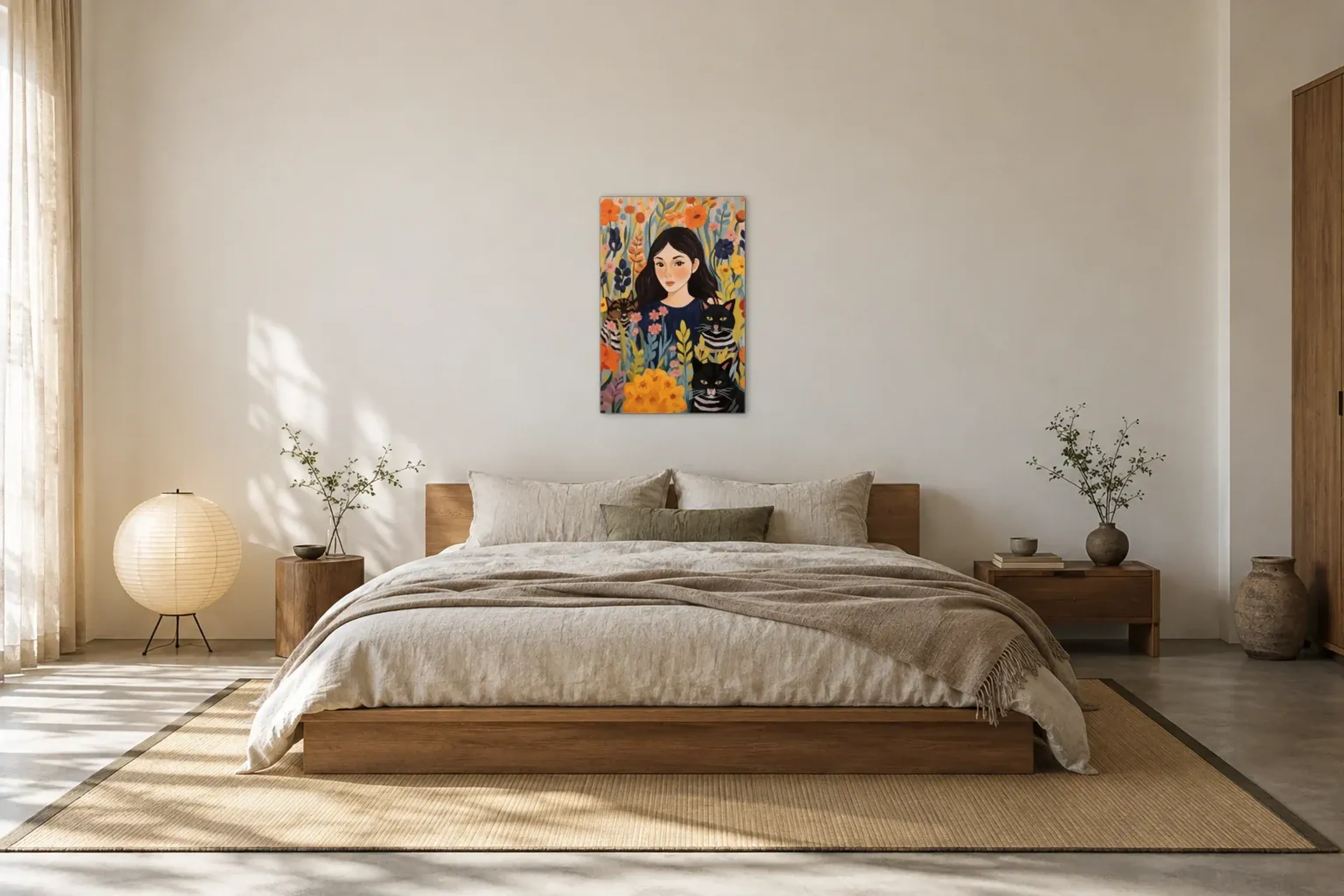 Frau mit drei Katzen als Wandbild über einem 180-cm-Bett